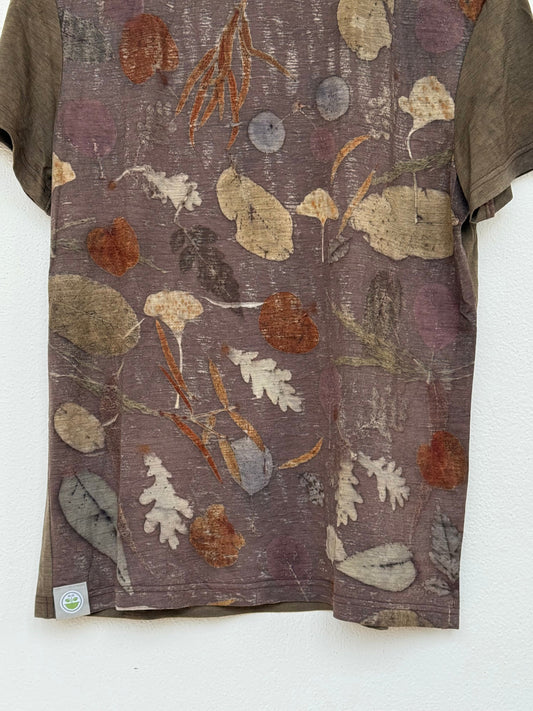 purple-gray colored naturally dyed men's t-shirt with an eco-printed plant pattern - detail of the front pattern