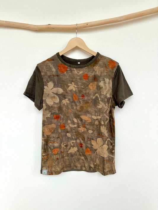 men's merino wool t-shirt eco-printed with various leaves and naturally dyed by DOT 'N' POT