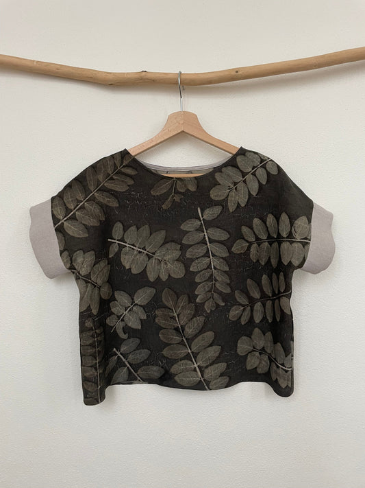 linen boxy top with eco-printed robinia leaves and naturally gray dyed background by DOT 'N' POT