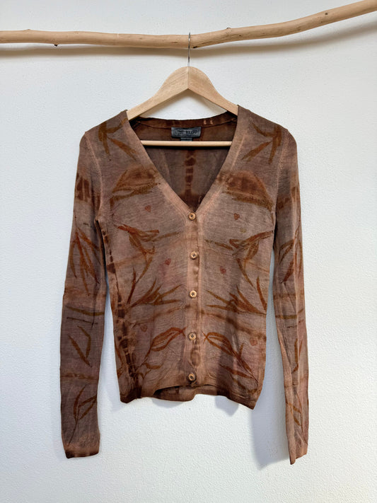 Sweater naturally dyed with cutch and walnut husks, eco-printed with eucalyptus leaves by DOT 'N' POT