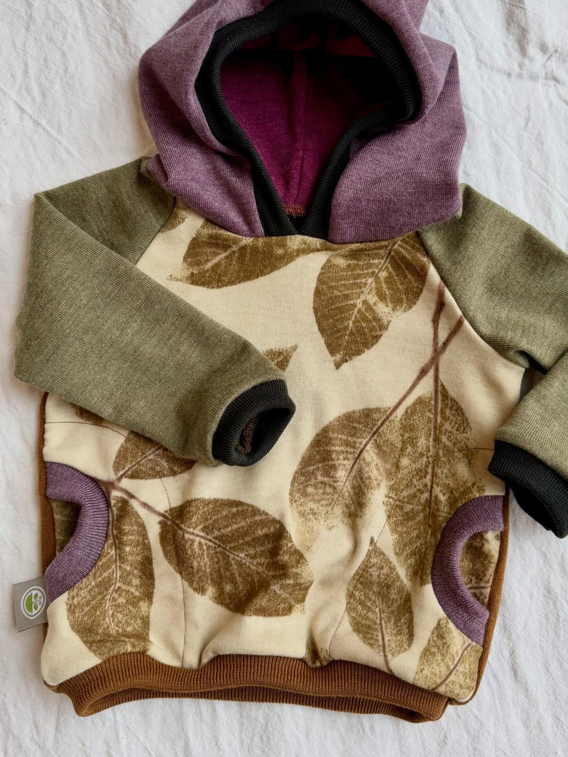 Hooded eco-printed and upcycled green, purple, brown merino wool pullover from the Kids - UPCYCLED collection