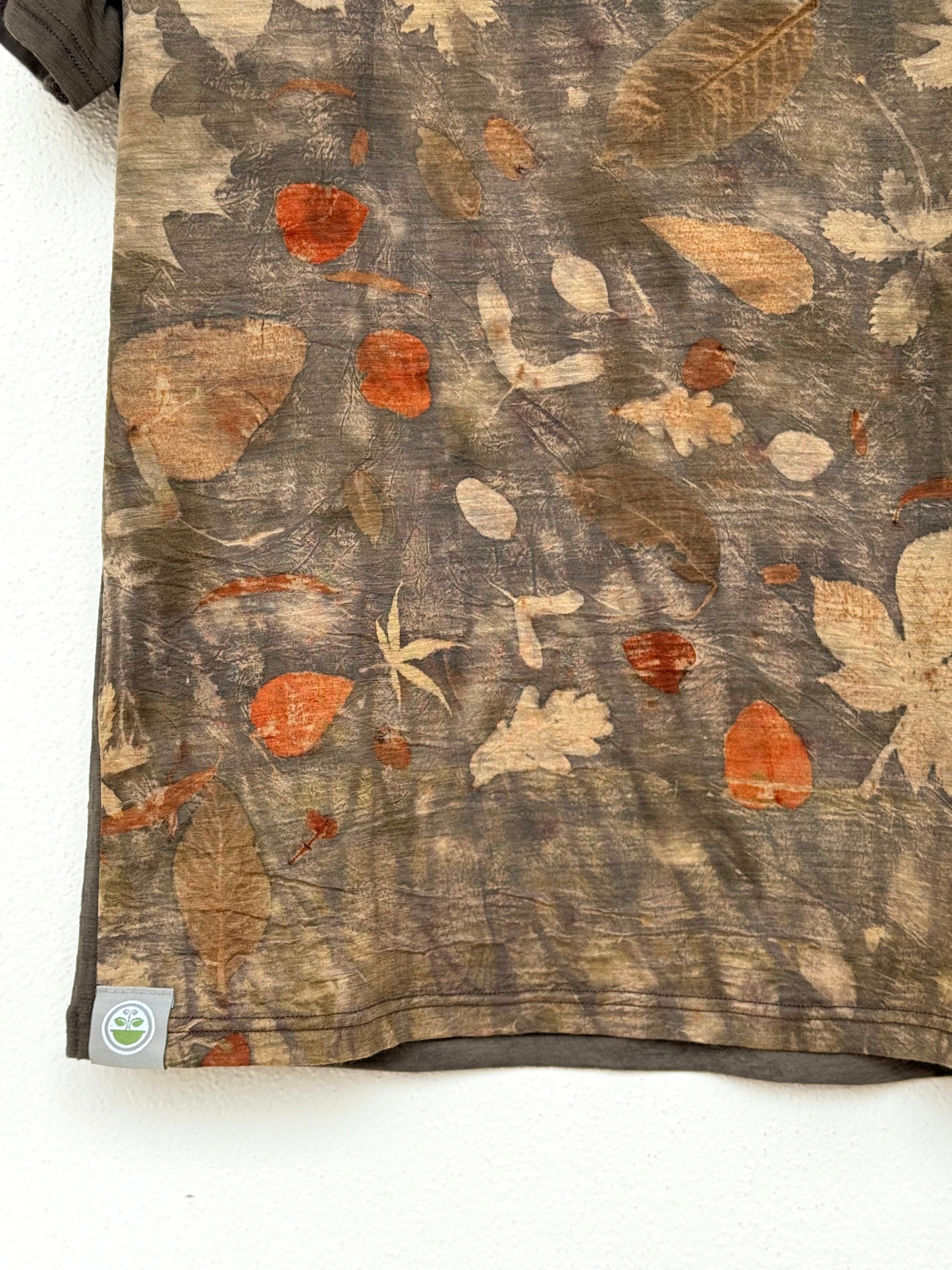 naturally dyed men's t-shirt with eco-printed - close-up of the pattern