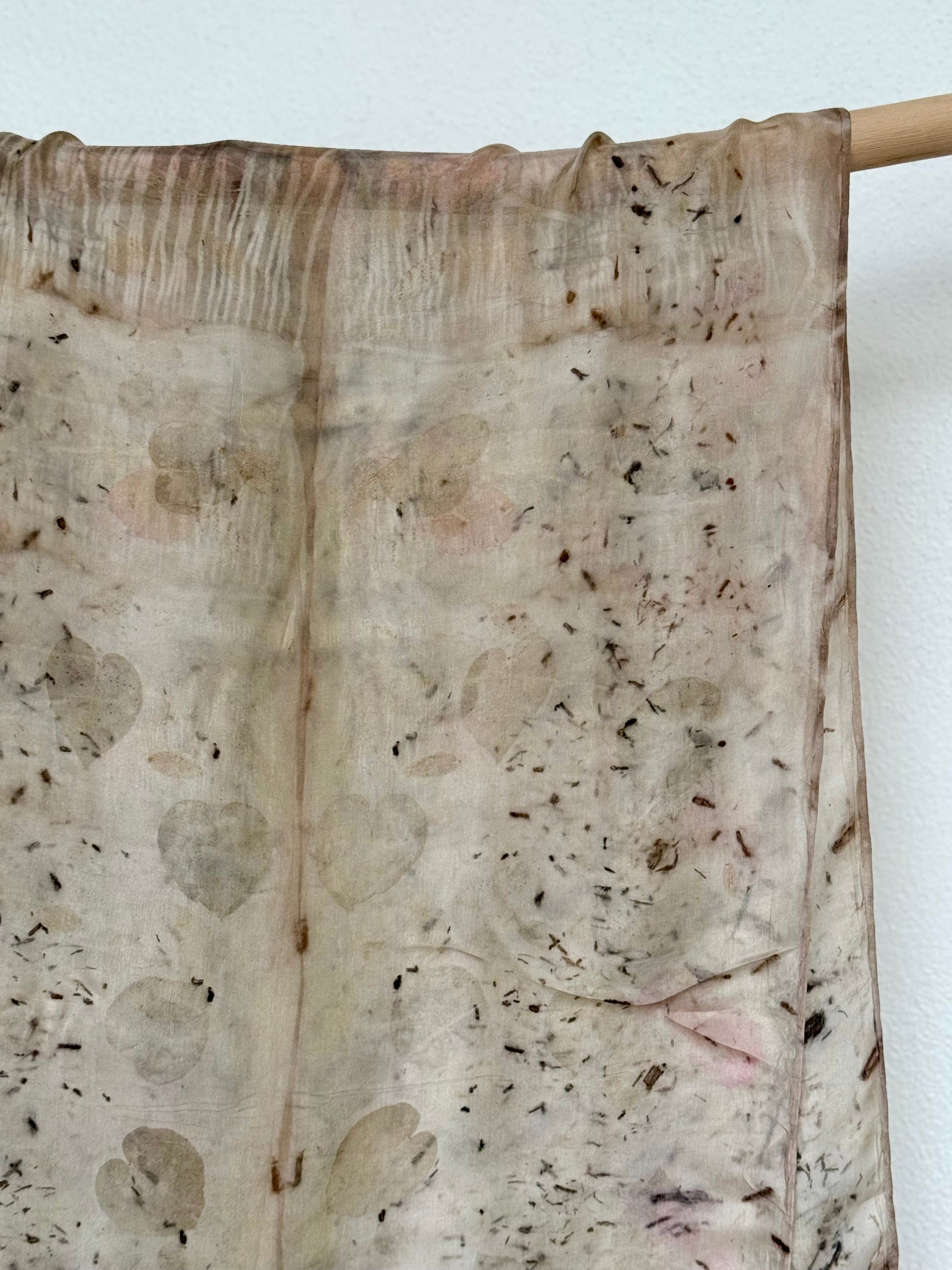 eco-printed silk scarf with logwood specks and eucalyptus leaves