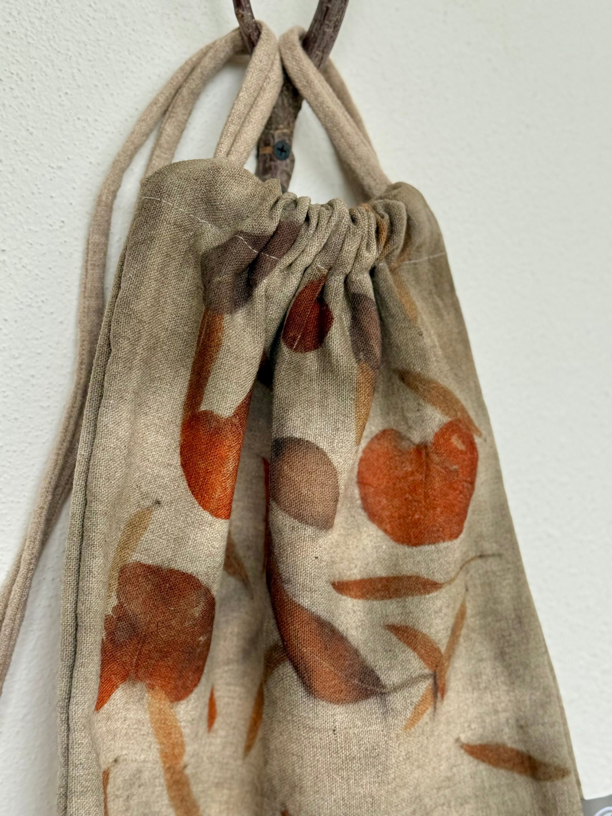 Drawstring bag made of wool and eco-printed with eucalyptus leaves