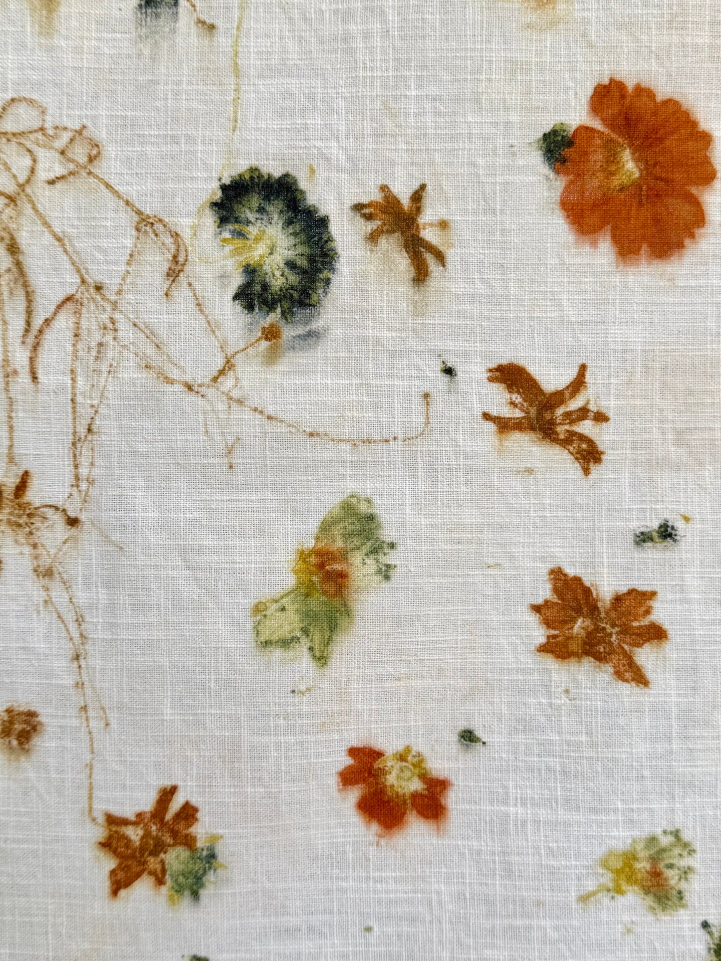 eco-printed linen fabric - close-up of a scabiosa flower print