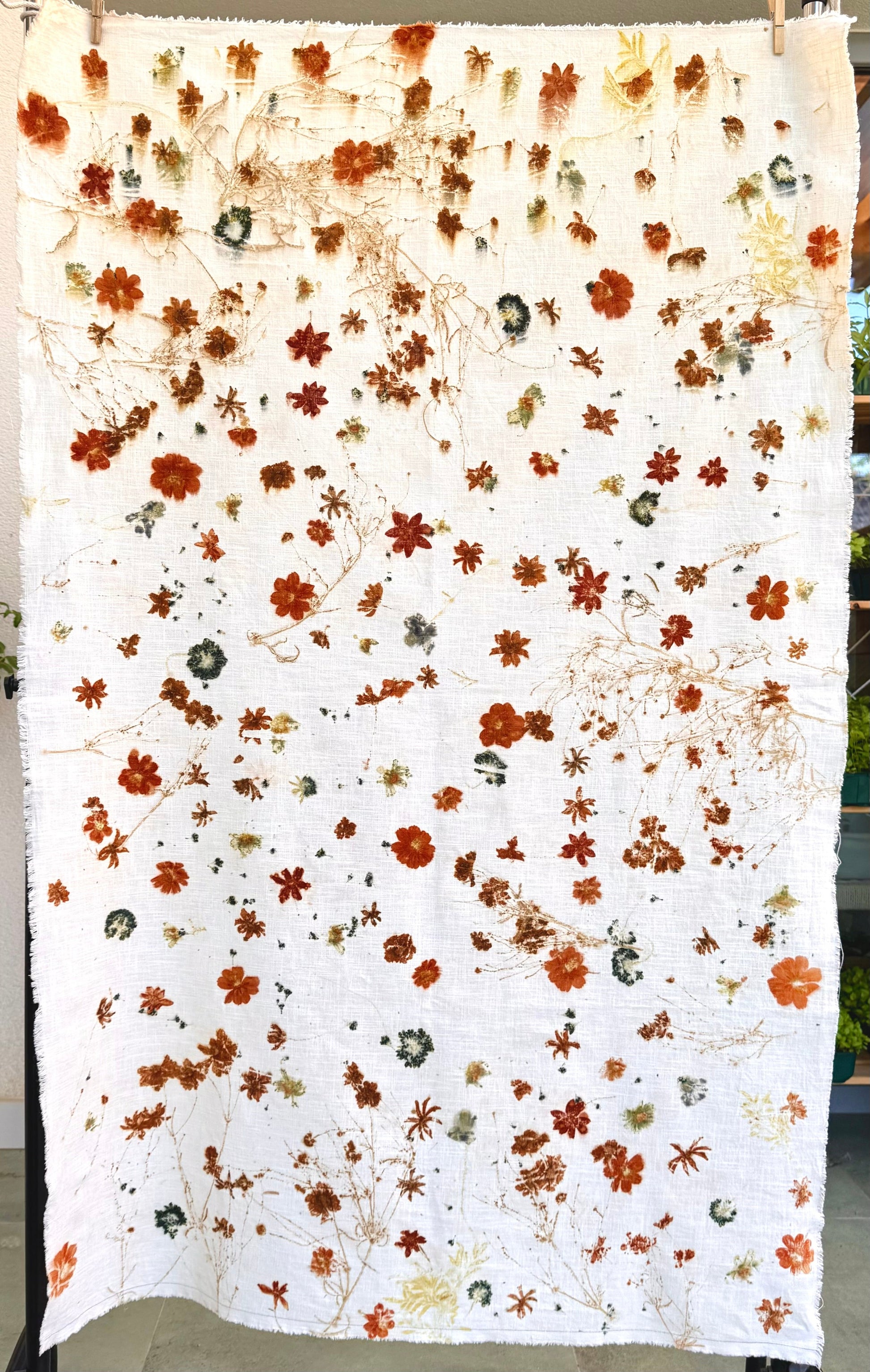 Eco-printed linen fabric - various flowers from the garden on white background