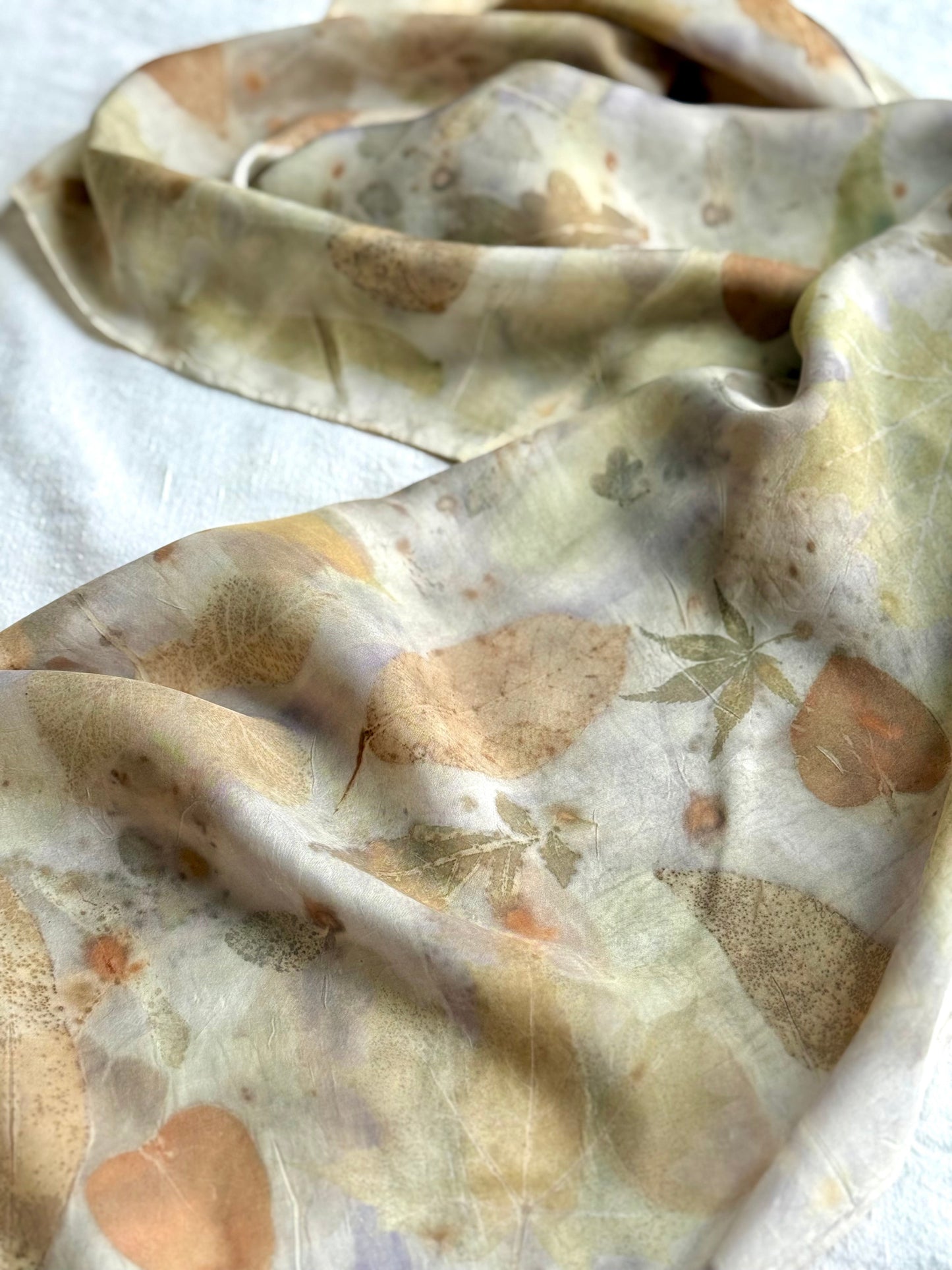 logwood dyed purple silk scarf with leaves  eco-printed