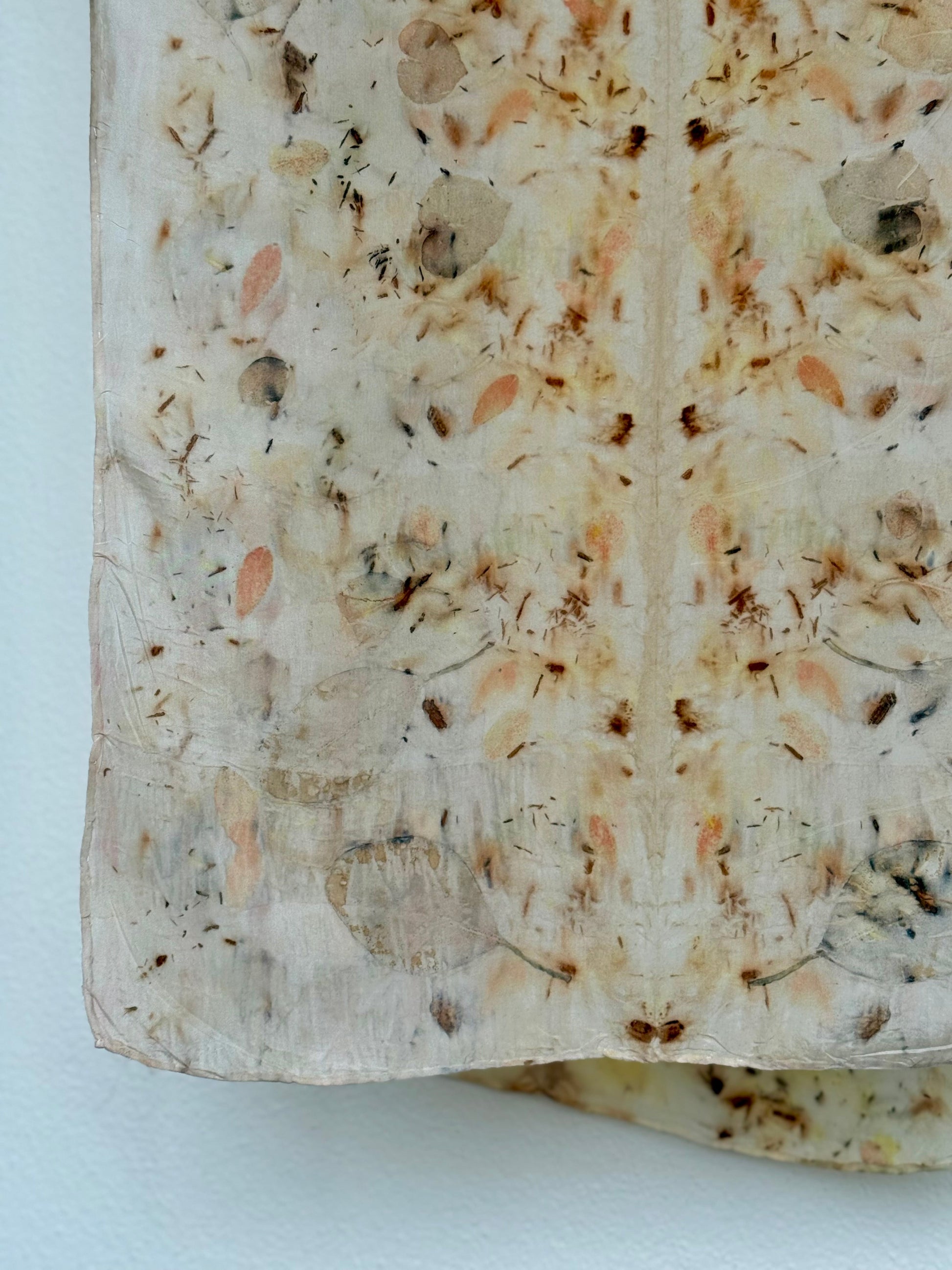 silk scarf with natural eco-print made with eucalyptus, logwood and safflover - close up of the print