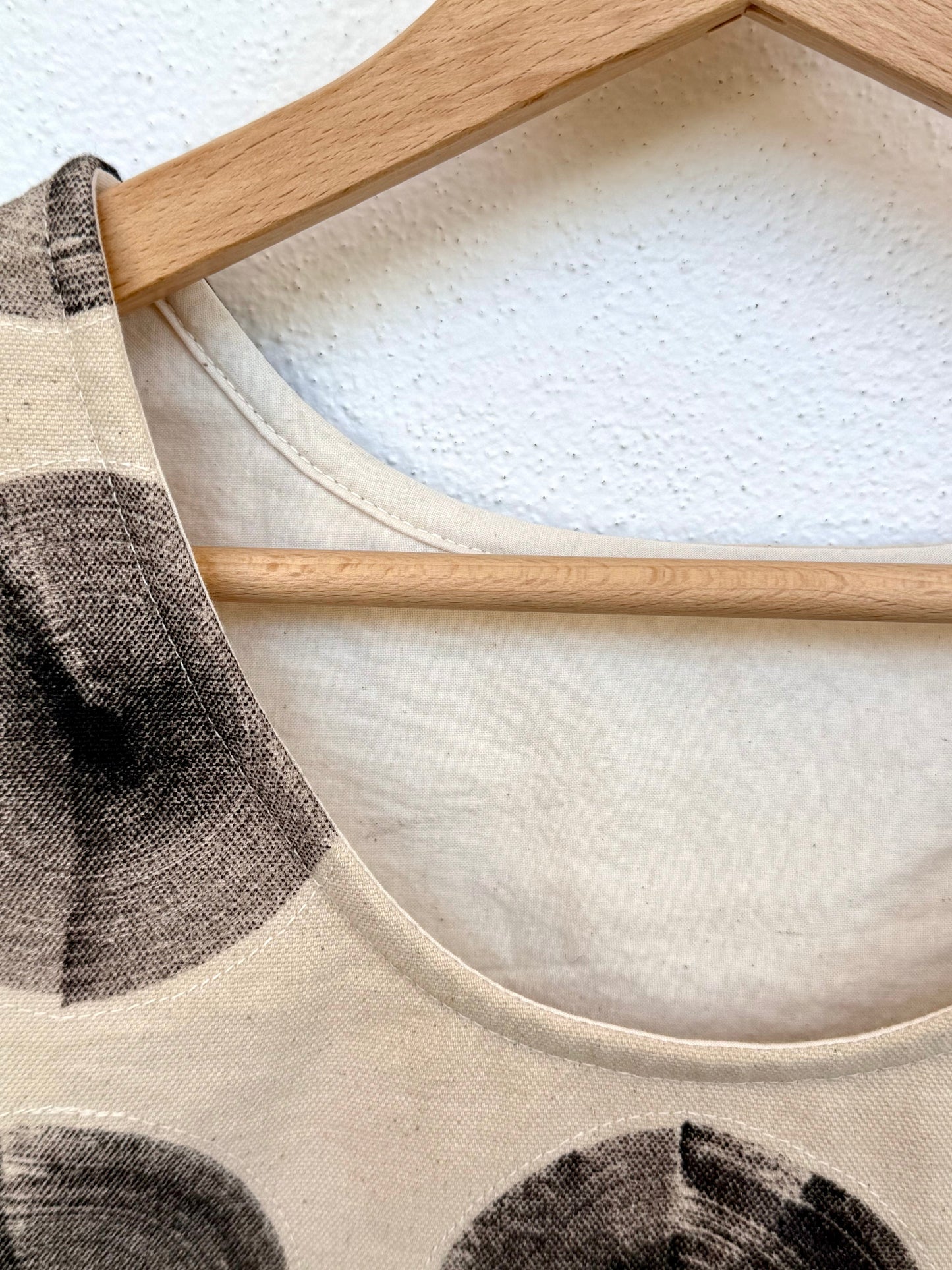 beige canvas tank top naturally dyed and hand-painted - close-up of the cotton lining