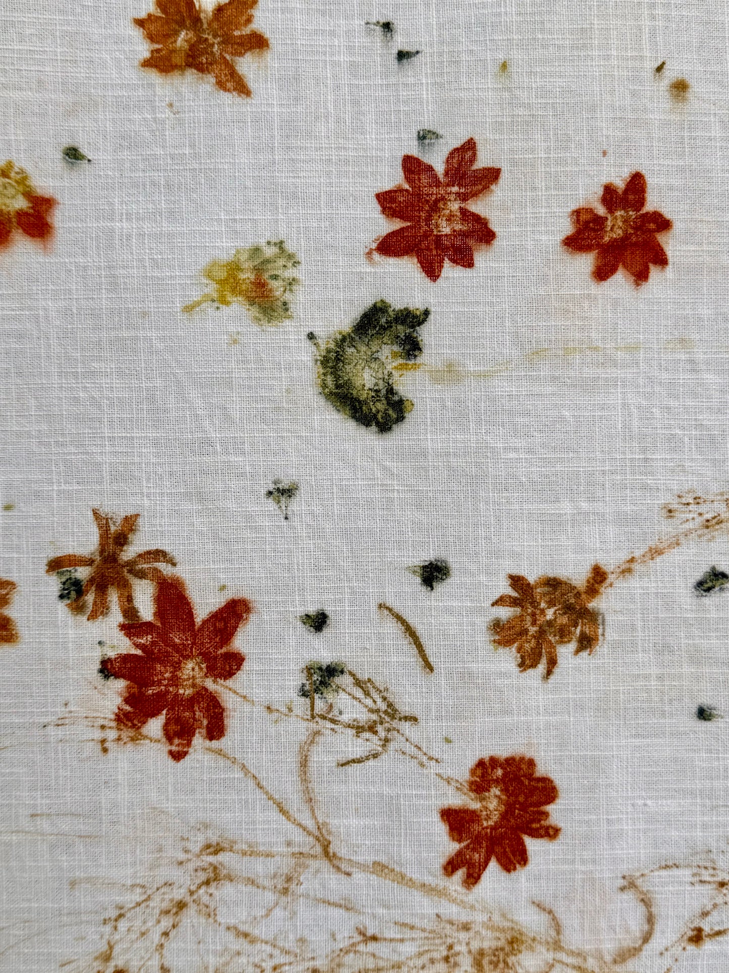 eco-printed linen fabric - close-up of a bidens flower print
