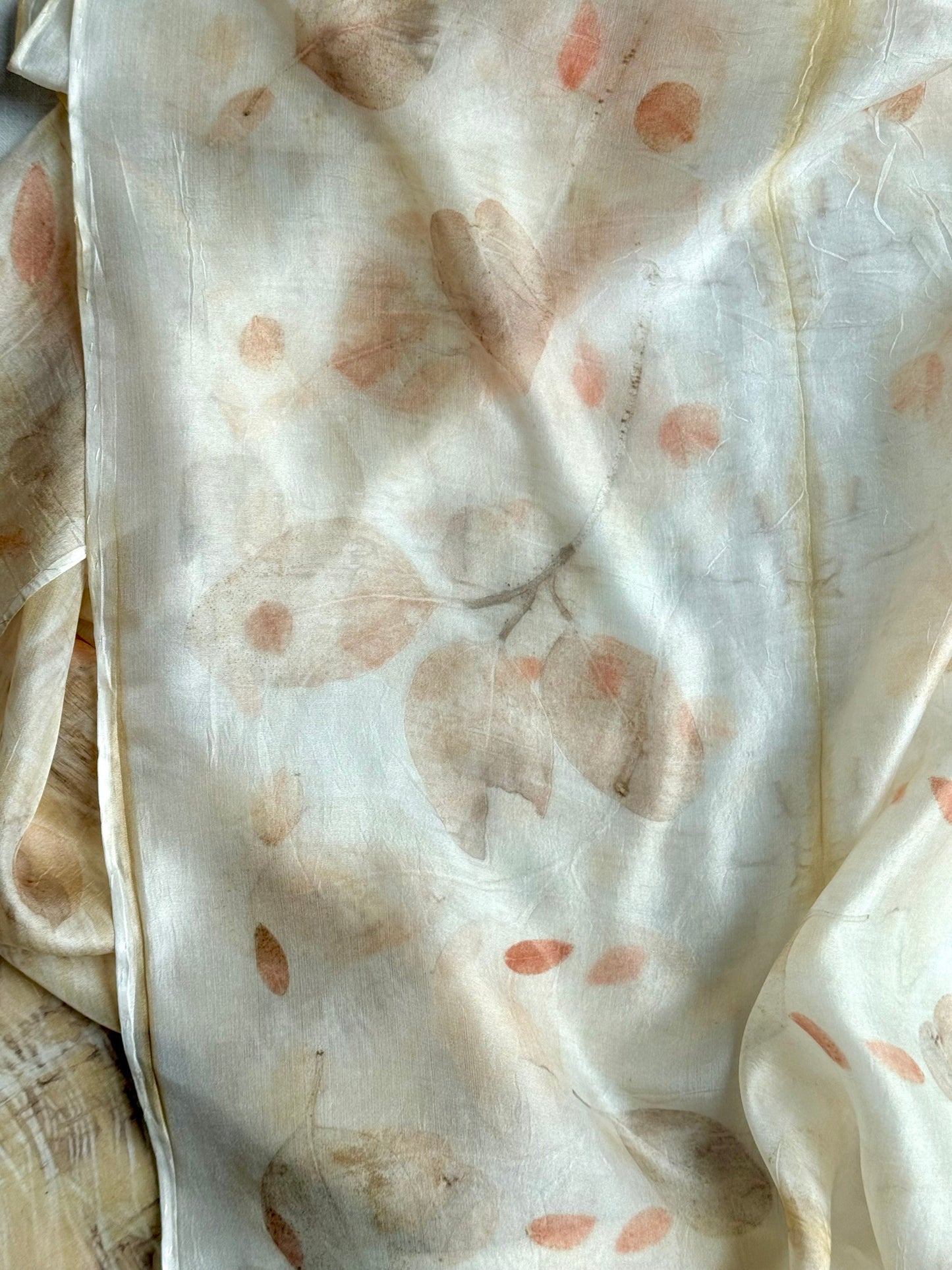 silk scarf with natural eco-print made with eucalyptus - close-up of the leaves pattern