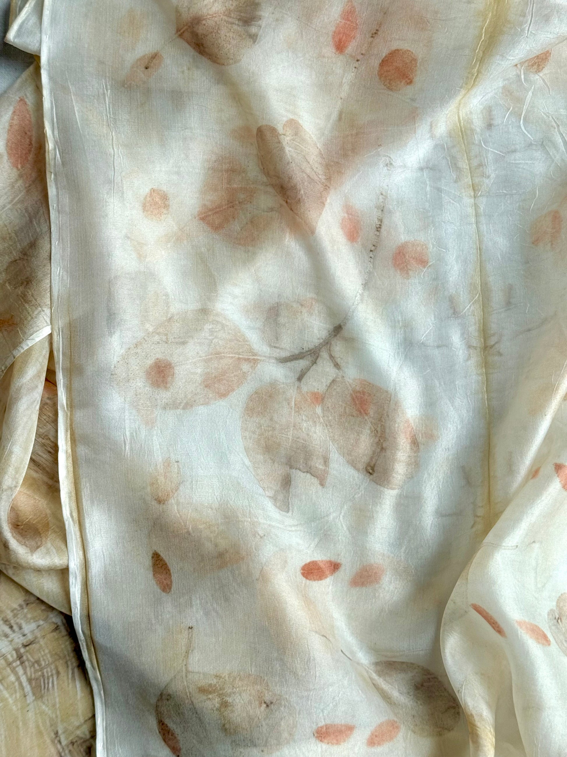 silk scarf with natural eco-print made with eucalyptus - close-up of the leaves pattern