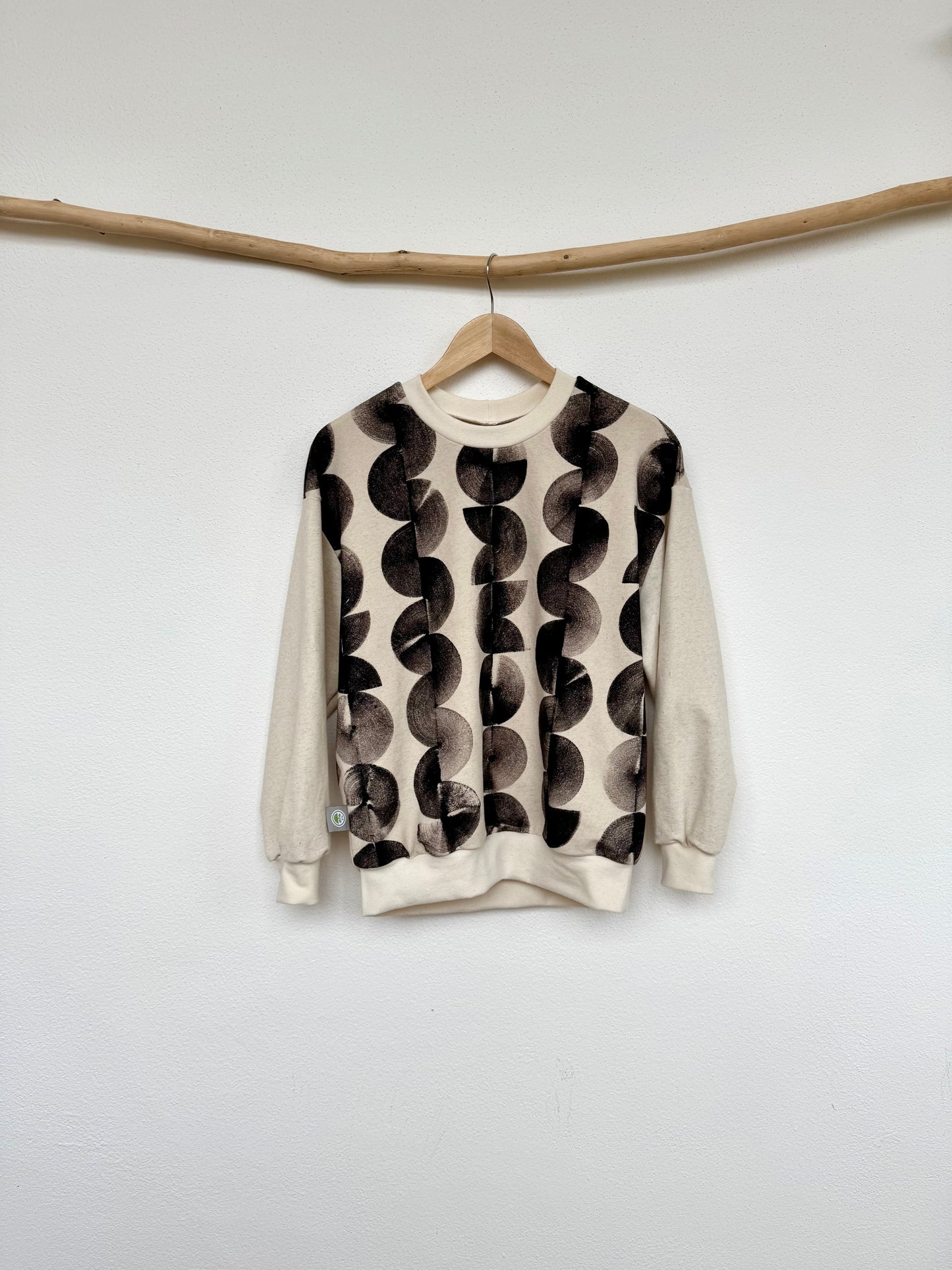 Boyfriend sweater in natural beige colour, hand painted with iron paste in circular design