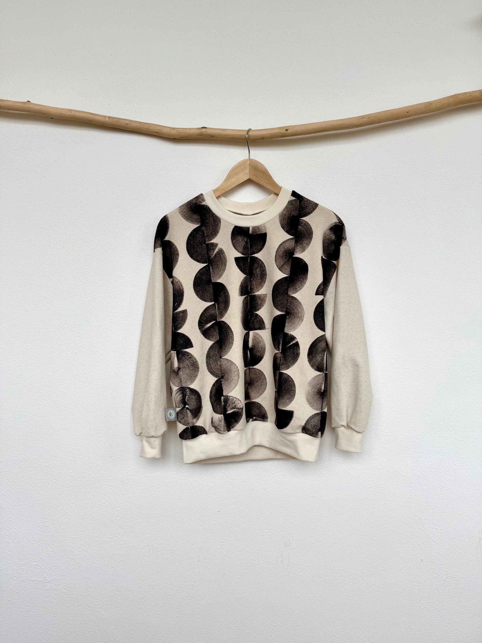 Boyfriend sweater in natural beige colour, hand painted with iron paste in circular design