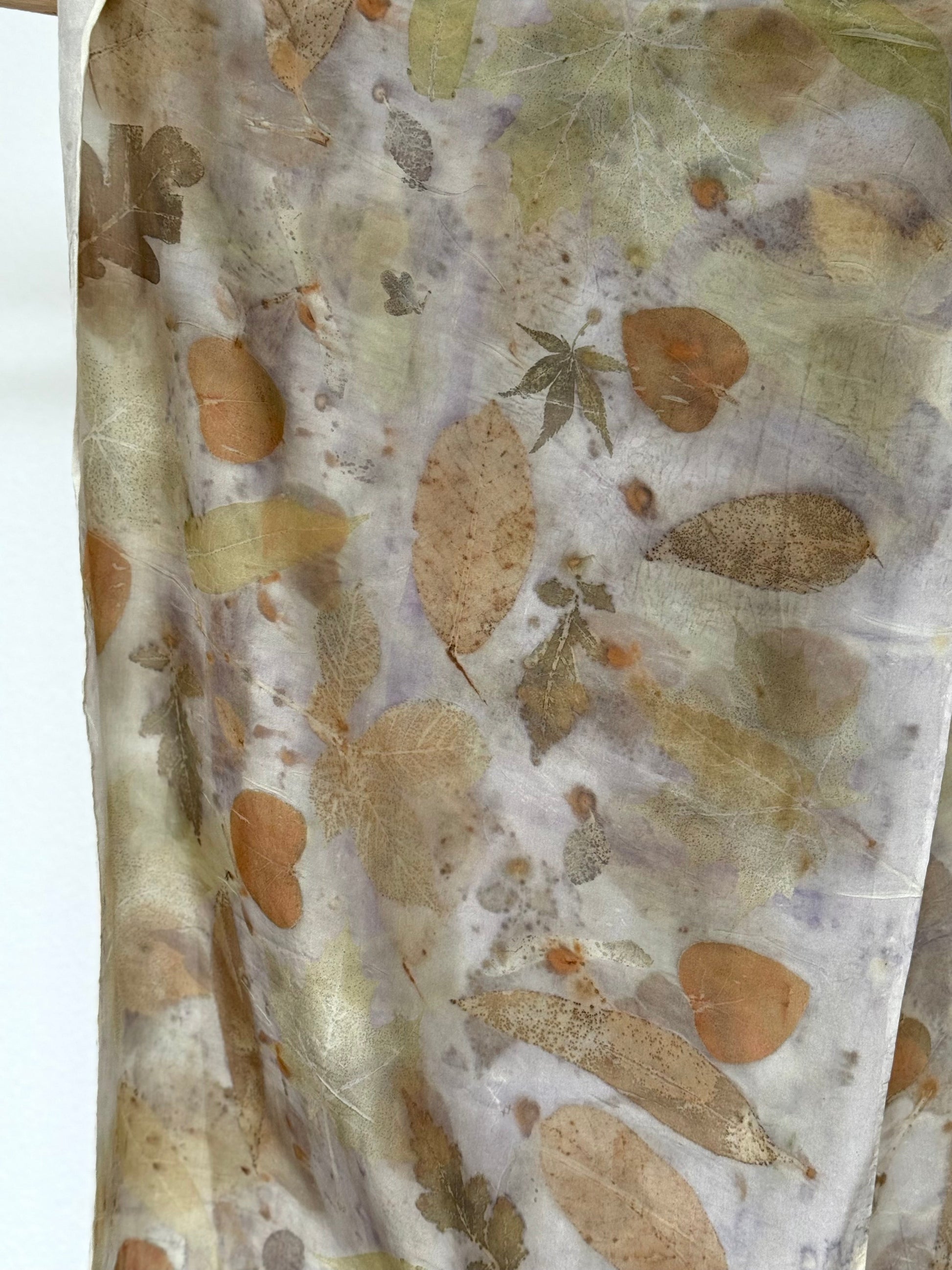 light purple logwood eco-print silk scarf detail 
