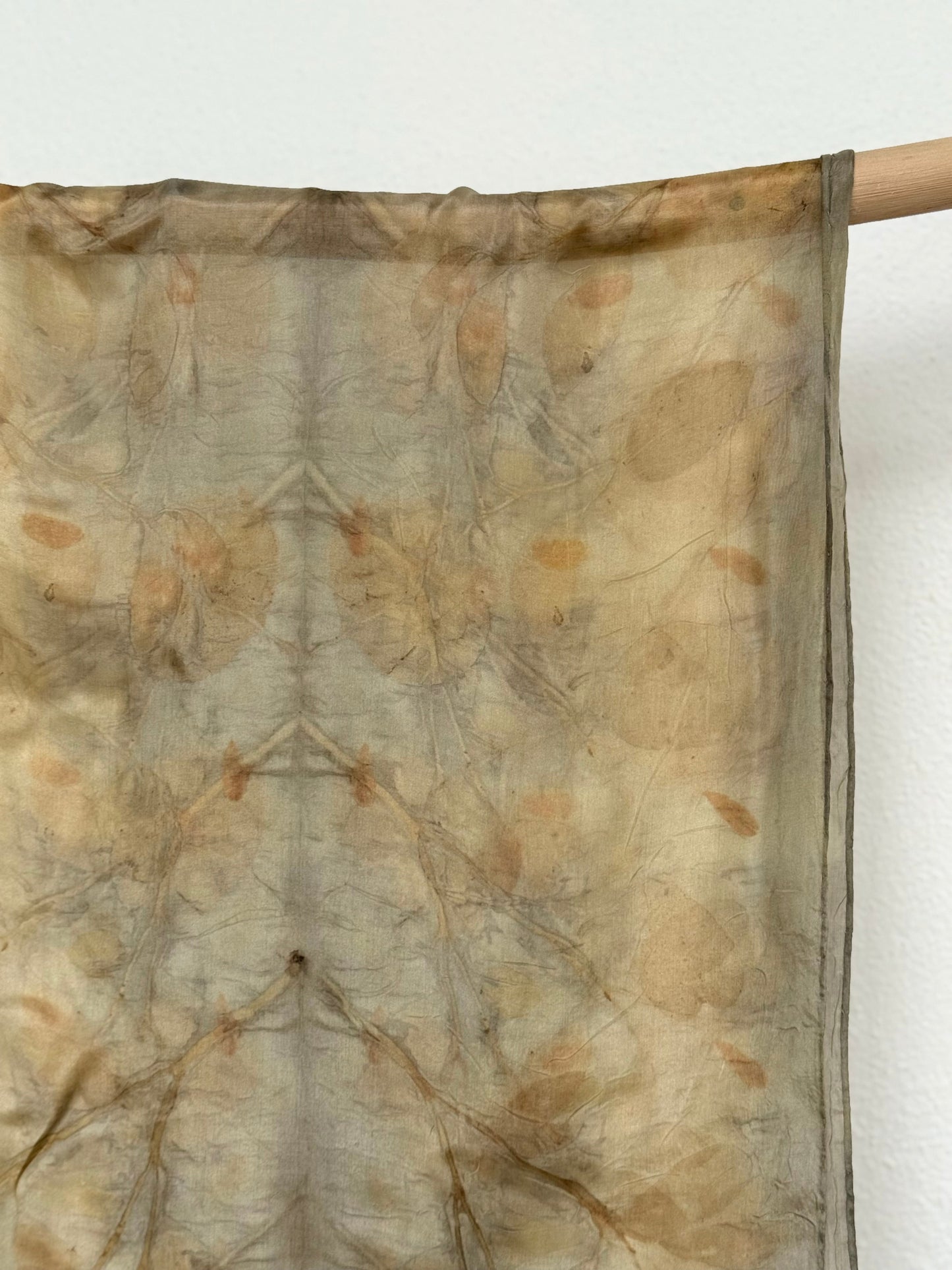 silk scarf naturally gray- green with floral pattern - close-up of the eucalyptus leaves print