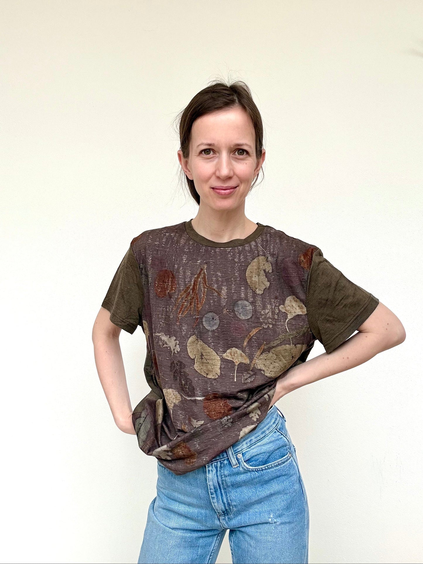 women wearing a sweet chestnut dyed merino wool t-shirt