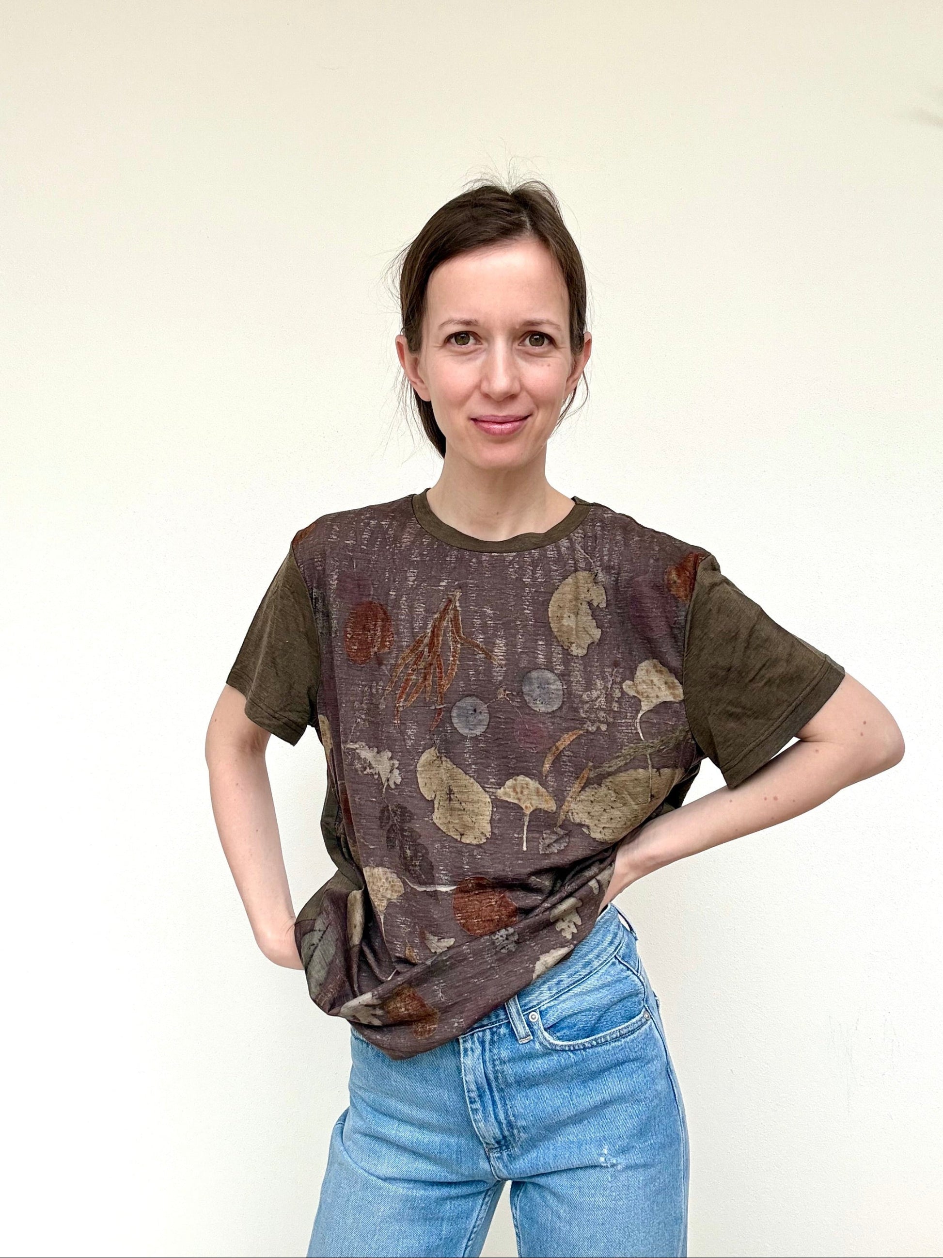 women wearing a sweet chestnut dyed merino wool t-shirt