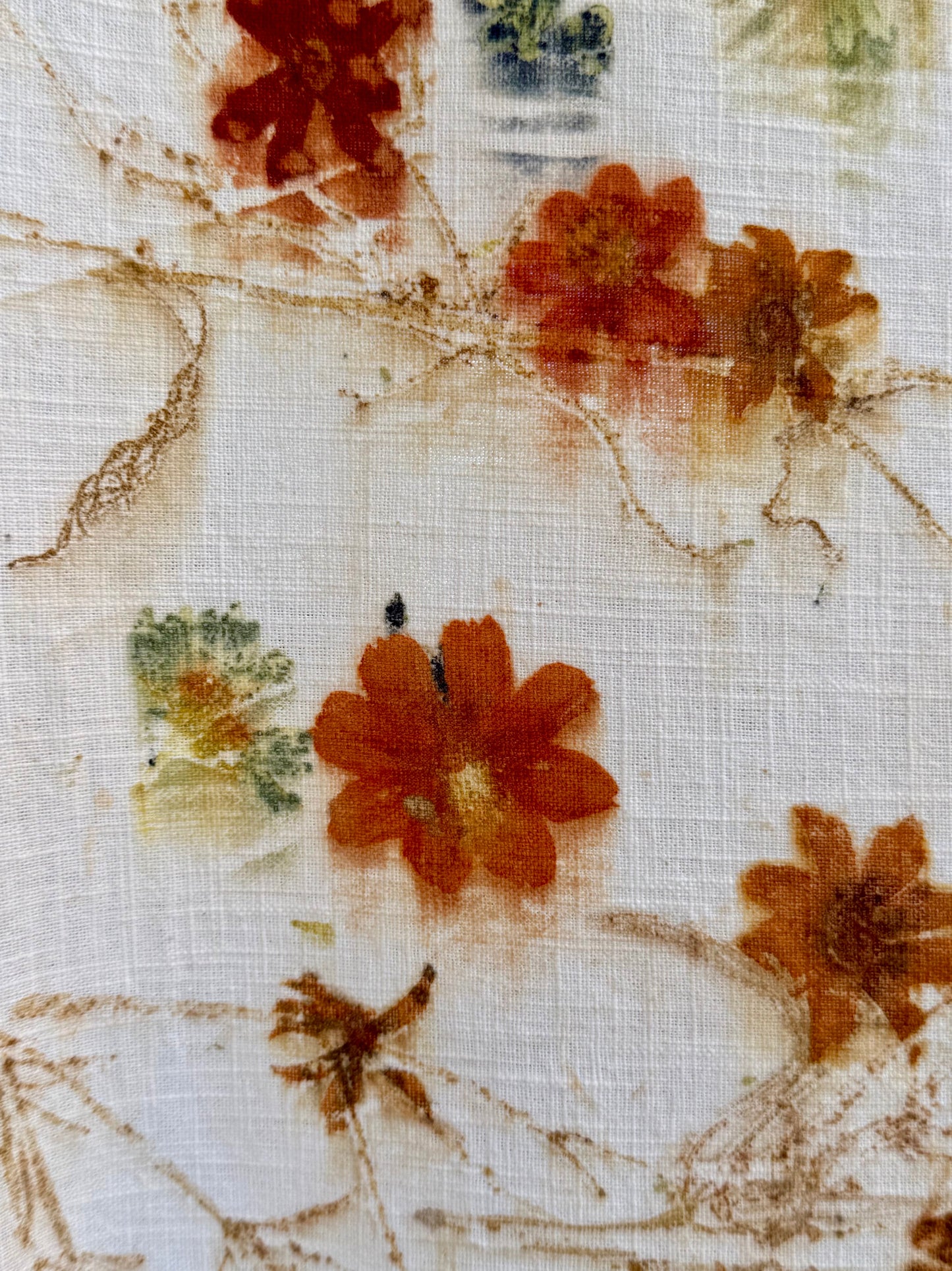 eco-printed linen fabric - detail of the various flower prints