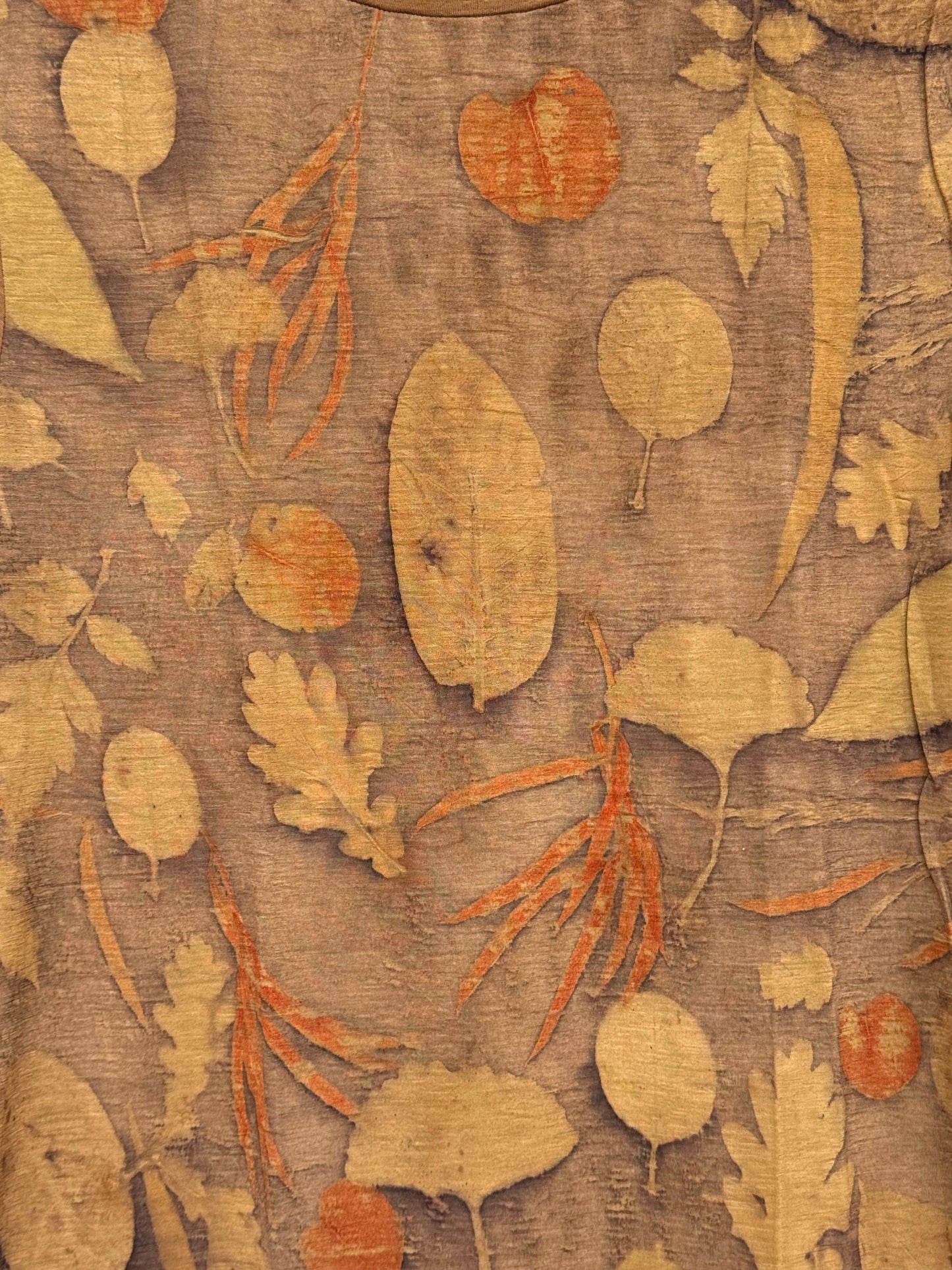 eco-printed walnut eucalyptus merino wool t-shirt - close-up of the pattern on the front part
