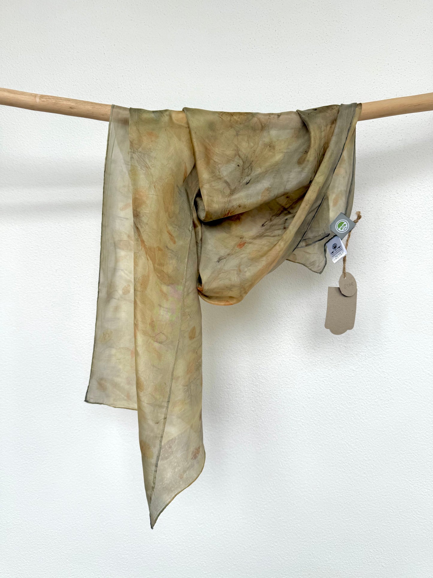 natural silk scarf eco-printed with eucalyptus leaves and dyed with blackberry leaves by DOT 'N' POT
