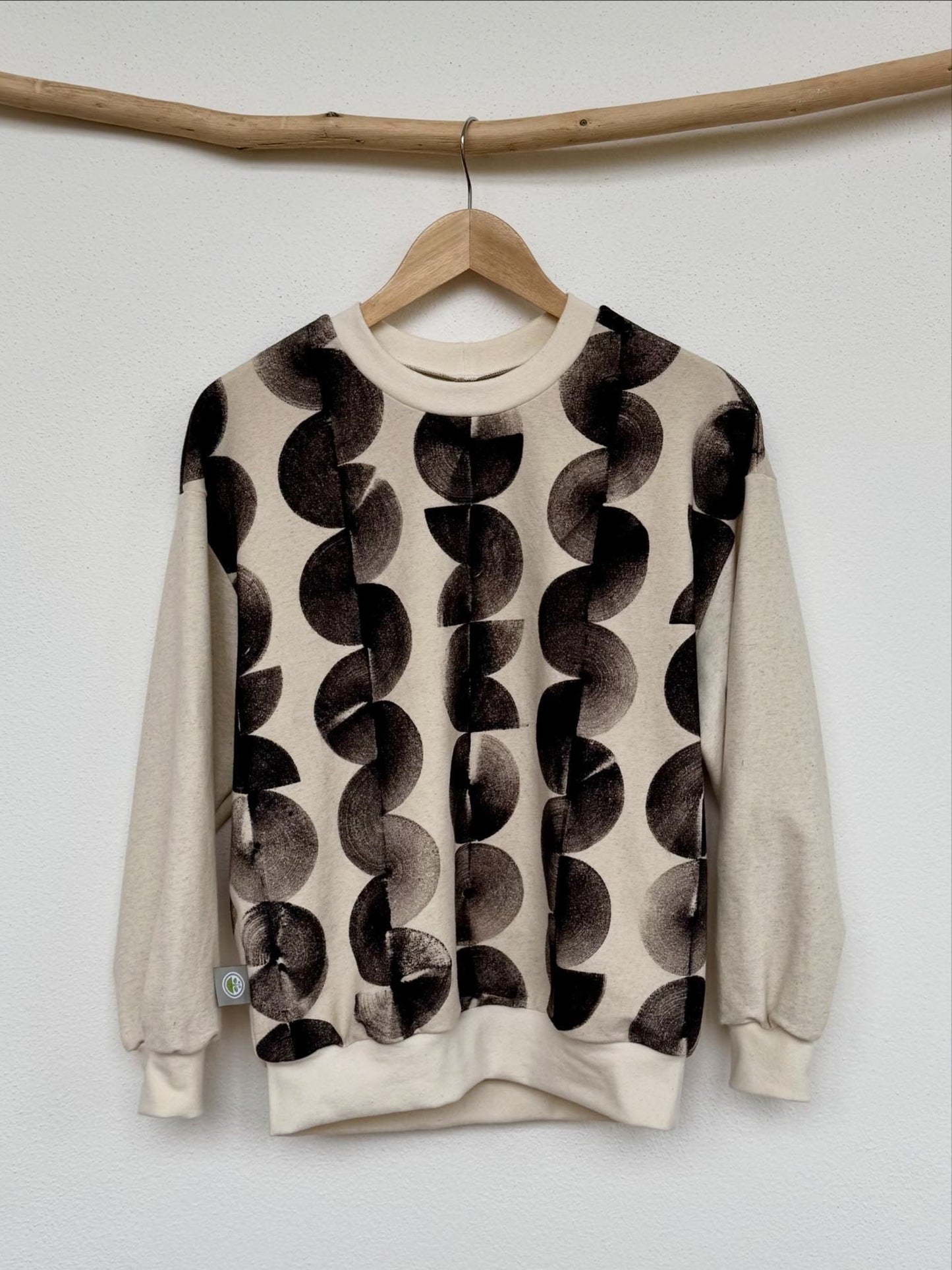 Boyfriend sweater in natural beige colour, hand painted with iron paste in circular design by DOT 'N' POT