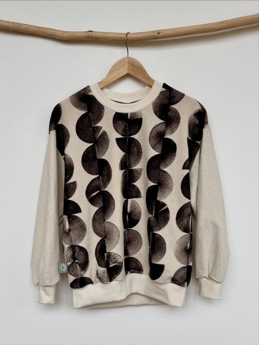 Boyfriend sweater in natural beige colour, hand painted with iron paste in circular design by DOT 'N' POT