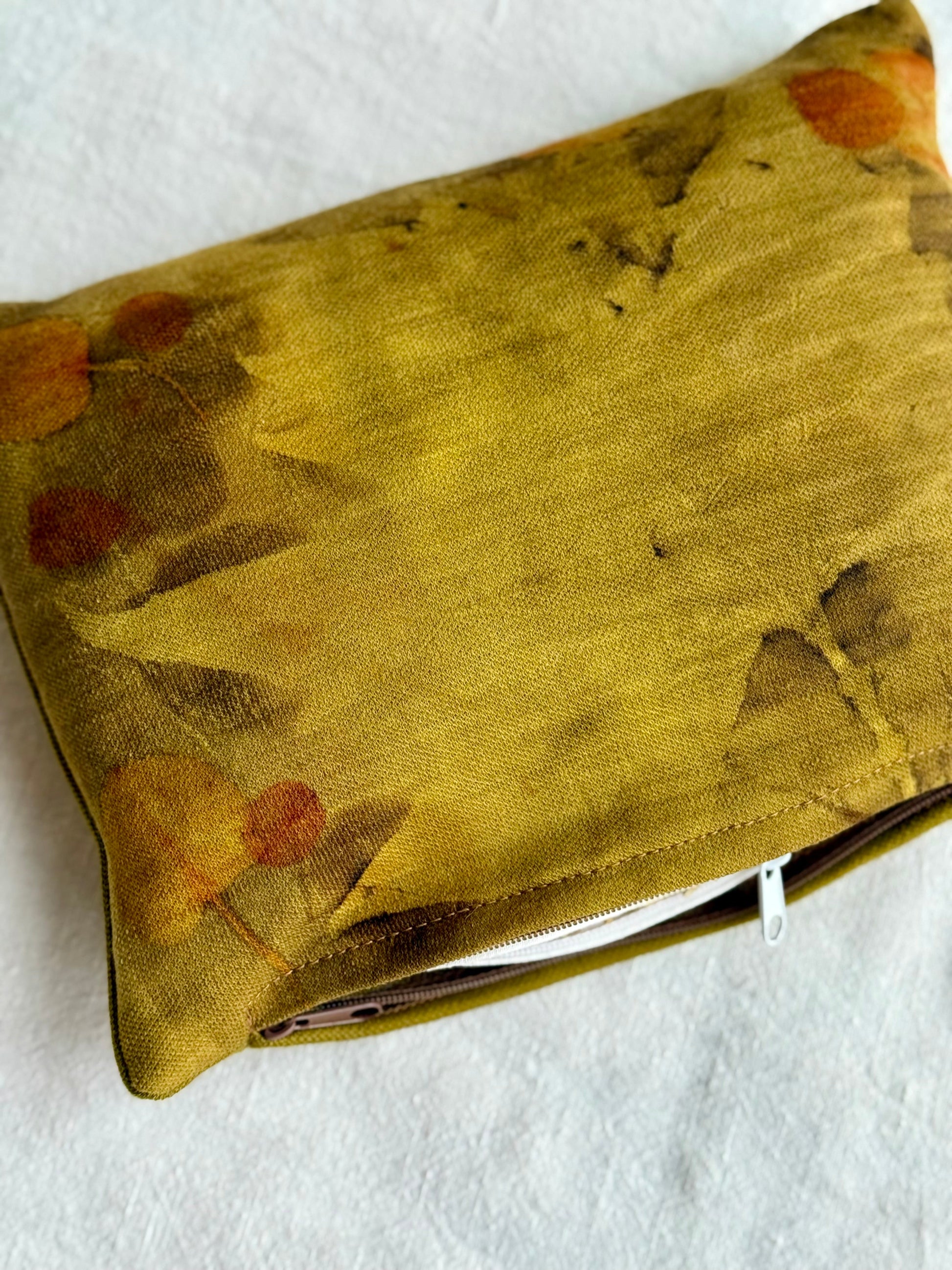 Herbal pillow with leaf pattern eco-printed with eucalyptus and maple