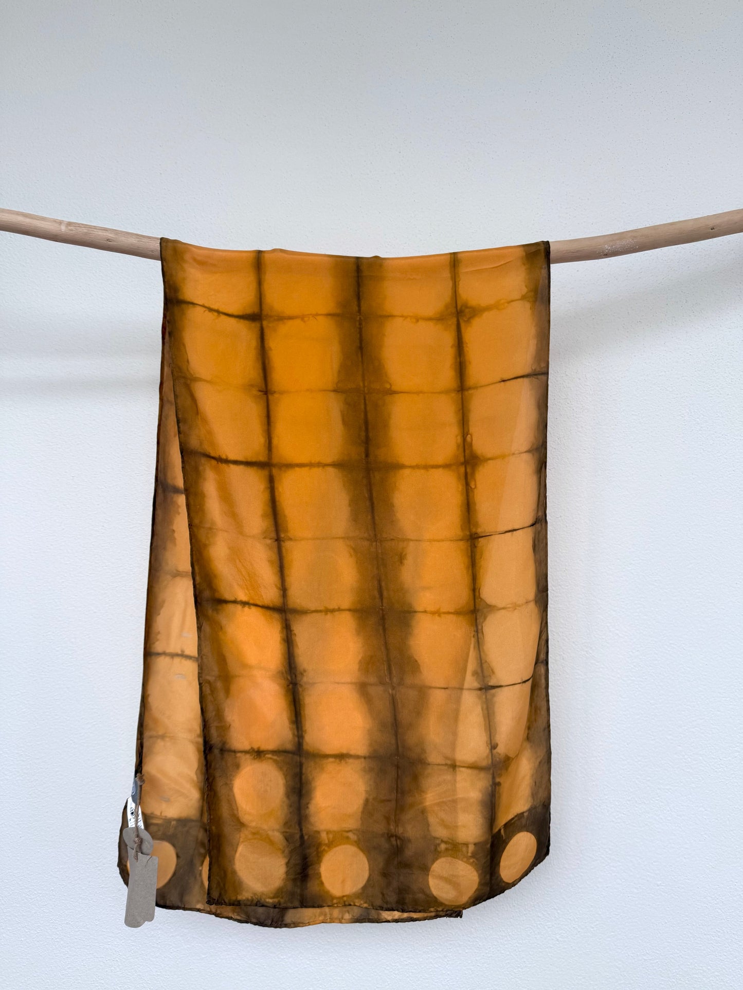 Annatto and sweet chestnut dyed orange brown shibori silk scarf by DOT 'N' POT