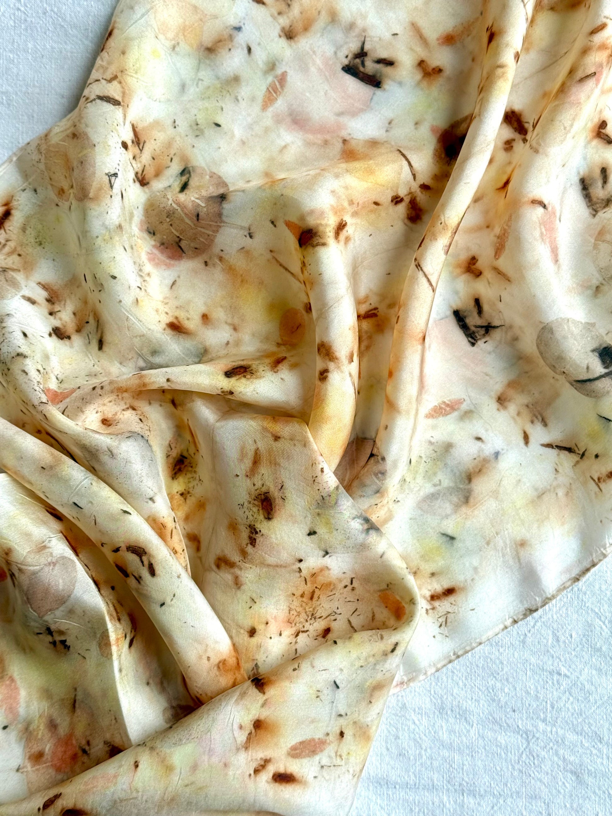 silk scarf ecoprinted with eucalyptus, safflover and logwood - close up by DOT 'N' POT