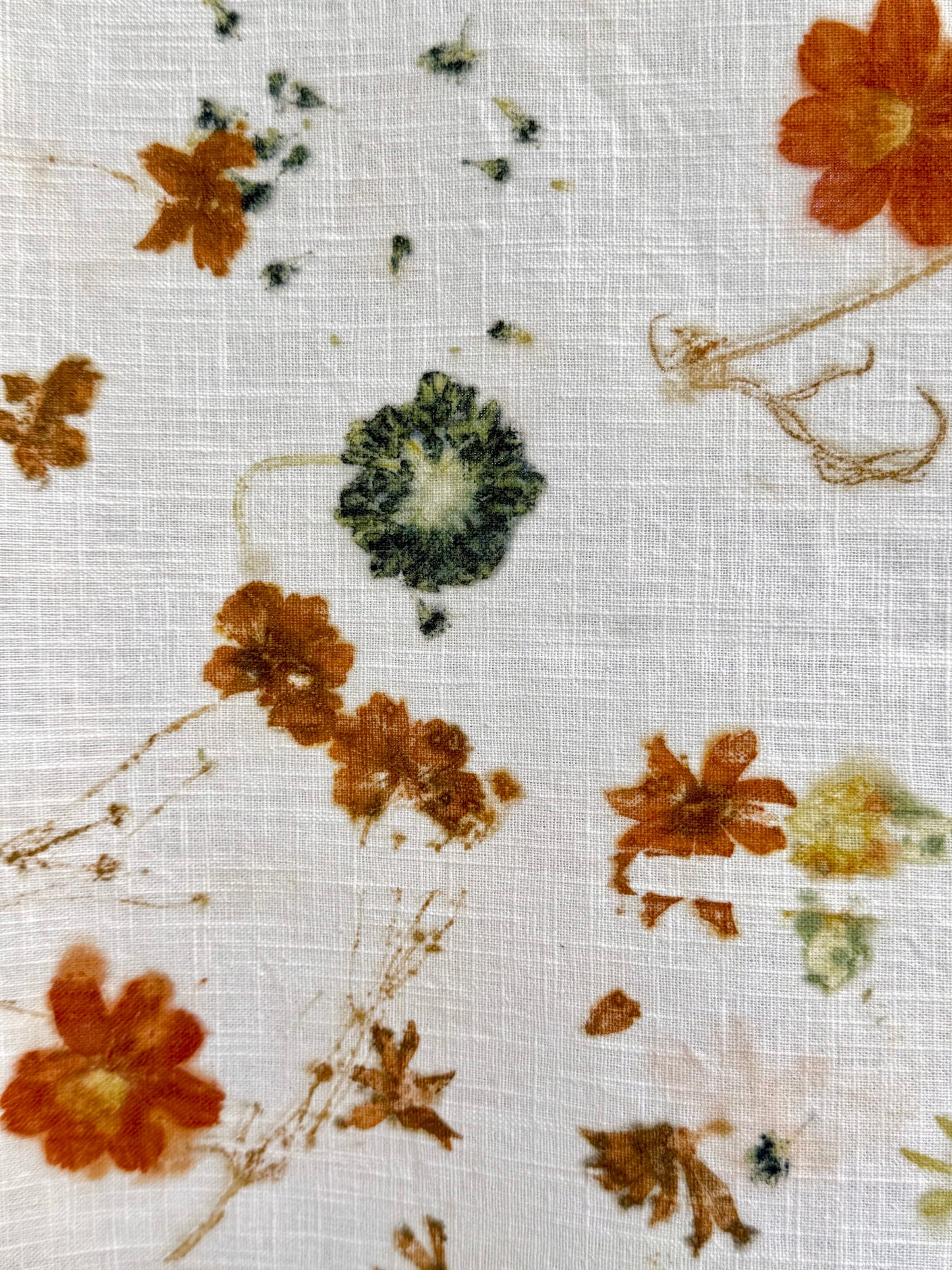 eco-printed linen fabric - close-up of a scabiosa and coreopsis flower print