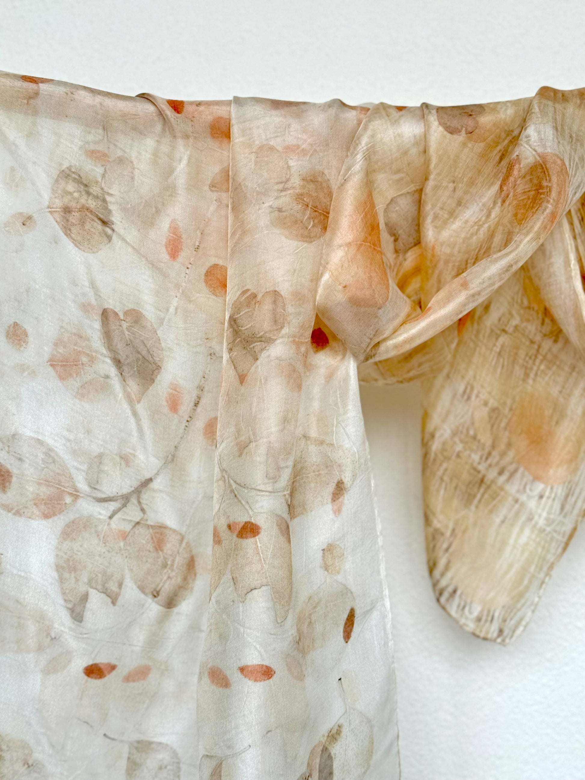 silk scarf with natural eco-print made with eucalyptus leaves by DOT 'N' POT