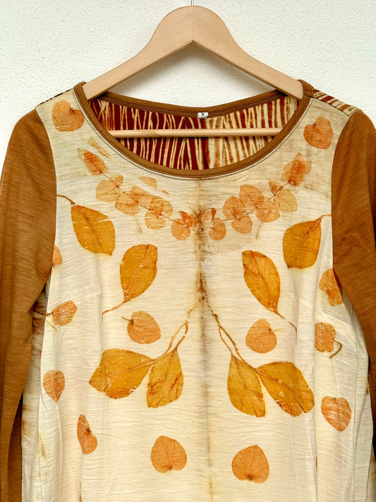 orange merino wool shirt front part with neckline and eucalyptus eco-print by DOT 'N' POT