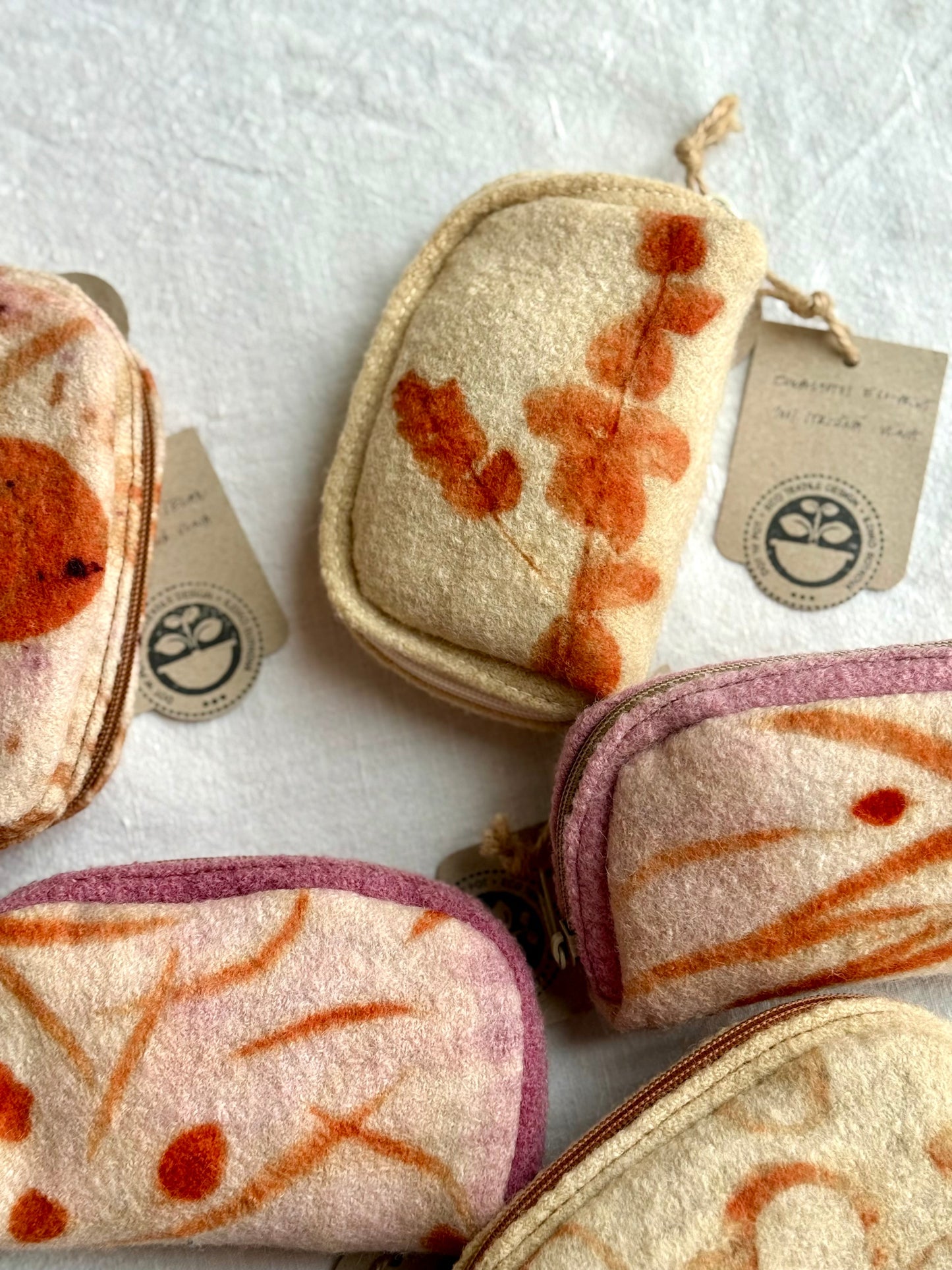 Small purses with eucalyptus eco-prints from DOT 'N' POT