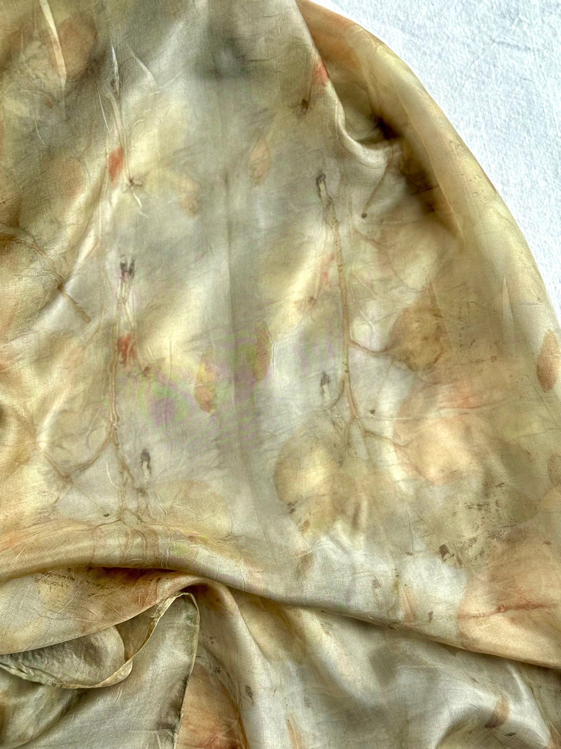 close-up of a blackberry leaves dyed silk scarf by DOT 'N' POT - eucalyptus pattern