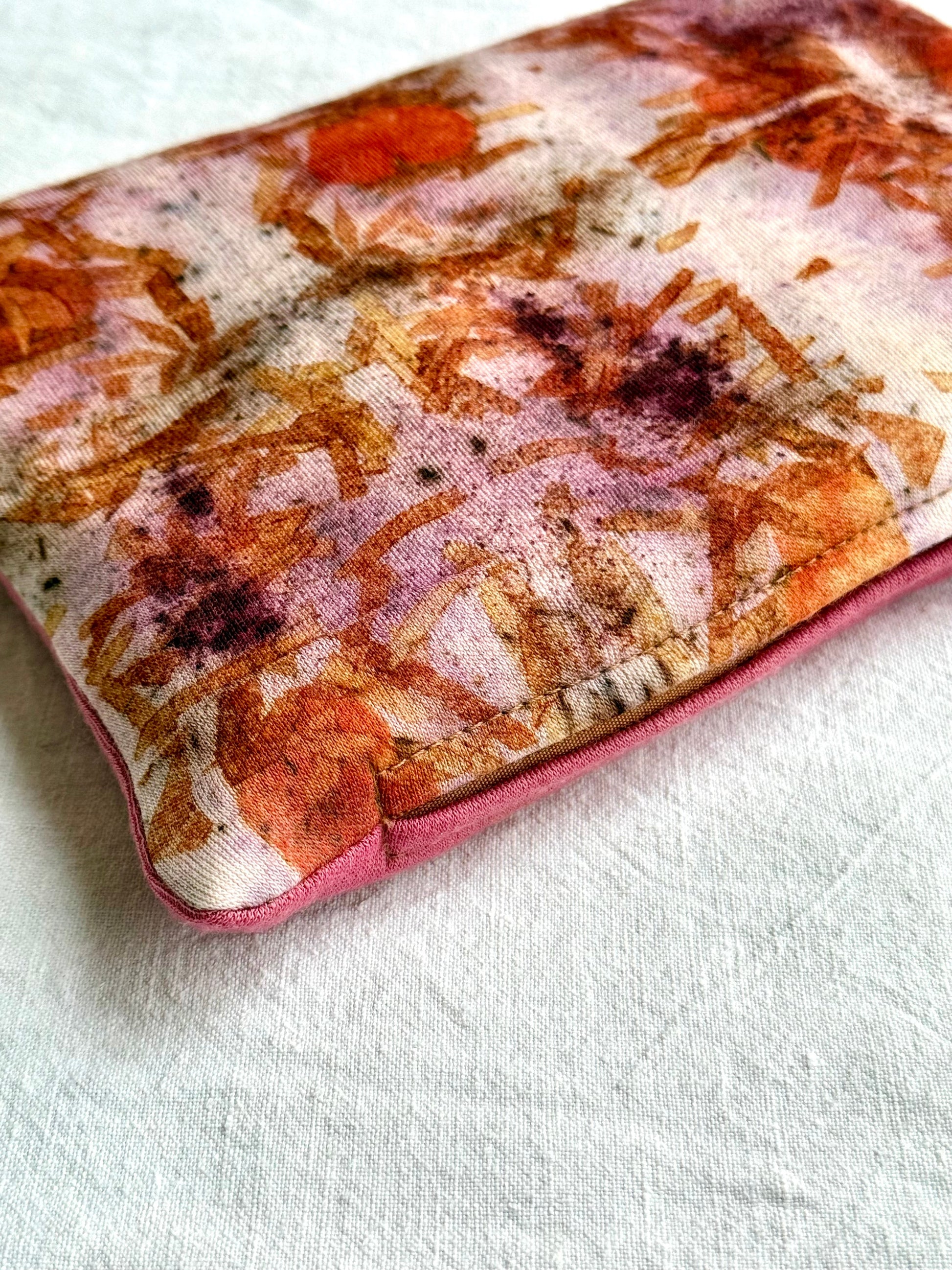 Red onion skins, lac and eucalyptus eco-printed herbal pillow