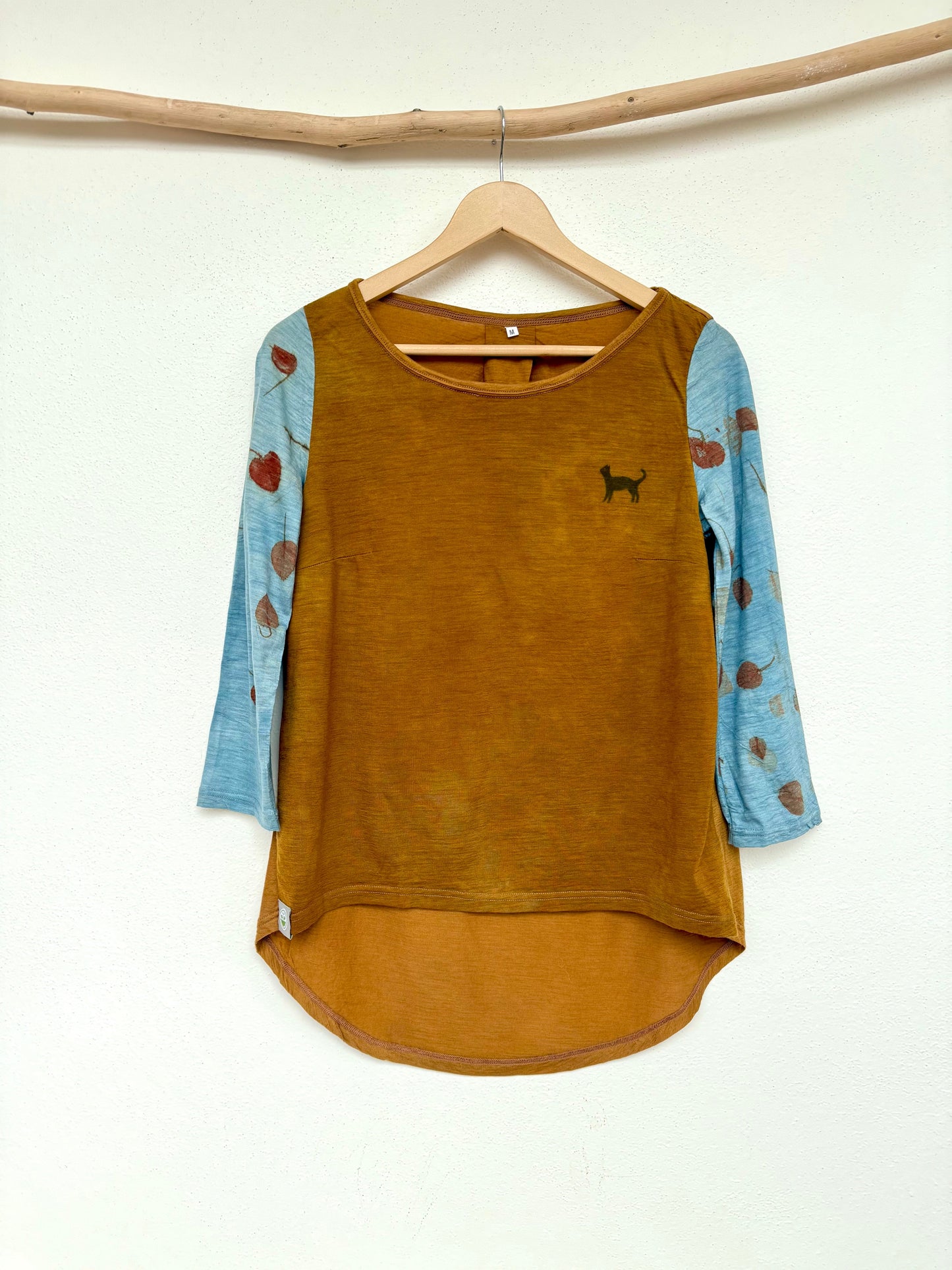 merino wool top with blue sleeves and eucalyptus eco-print, featuring a cat print by DOT 'N' POT