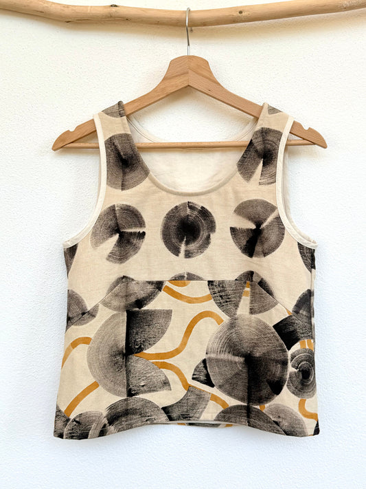 Tank top with abstract pattern hand-painted with ferrous paste and cosmos dye paste by DOT 'N' POT