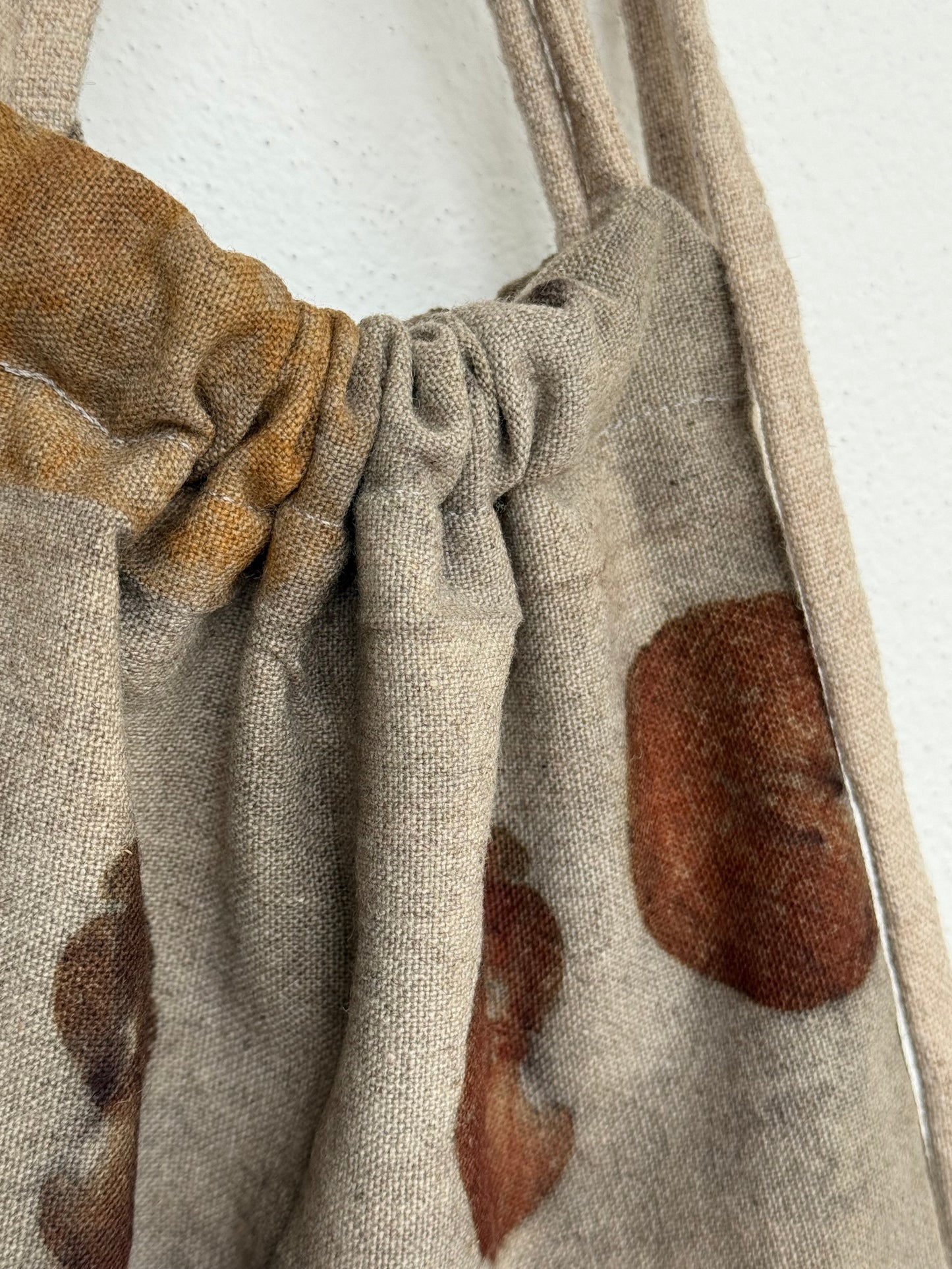 close up of the texture of a naturally dyed woolen bag