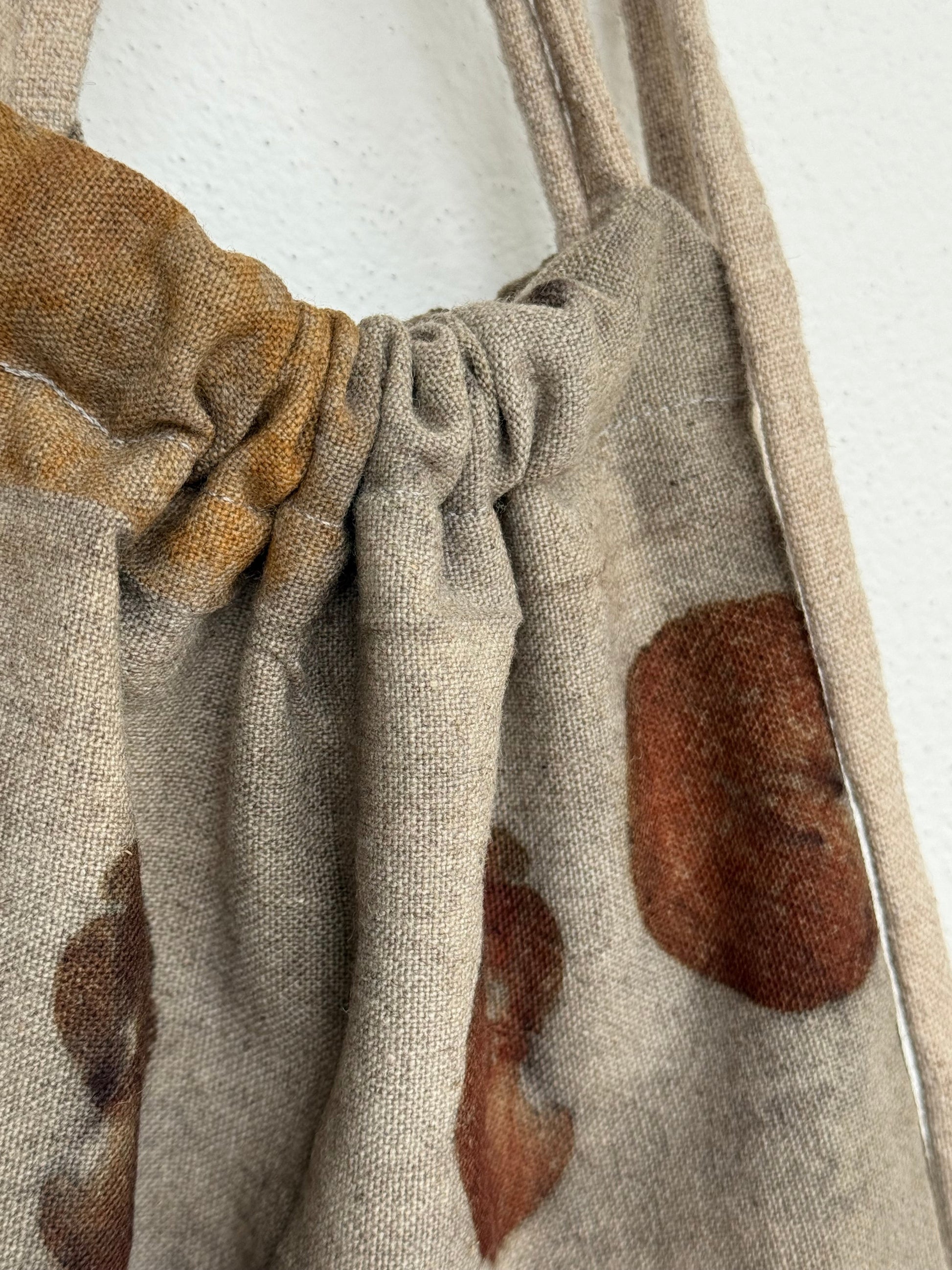 close up of the texture of a naturally dyed woolen bag