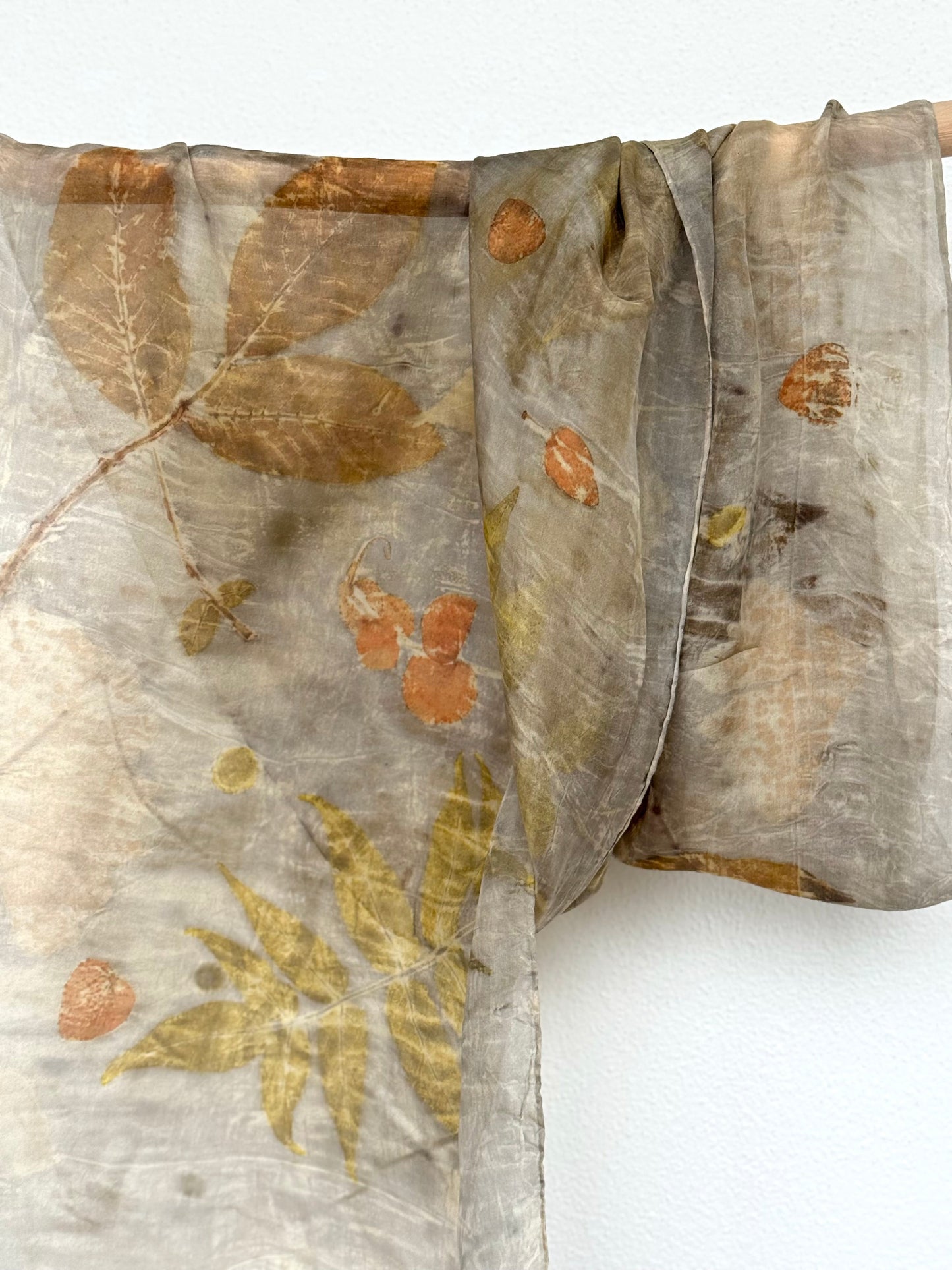naturally dyed gray silk scarf with autumnal eco-print leaf pattern by DOT 'N' POT