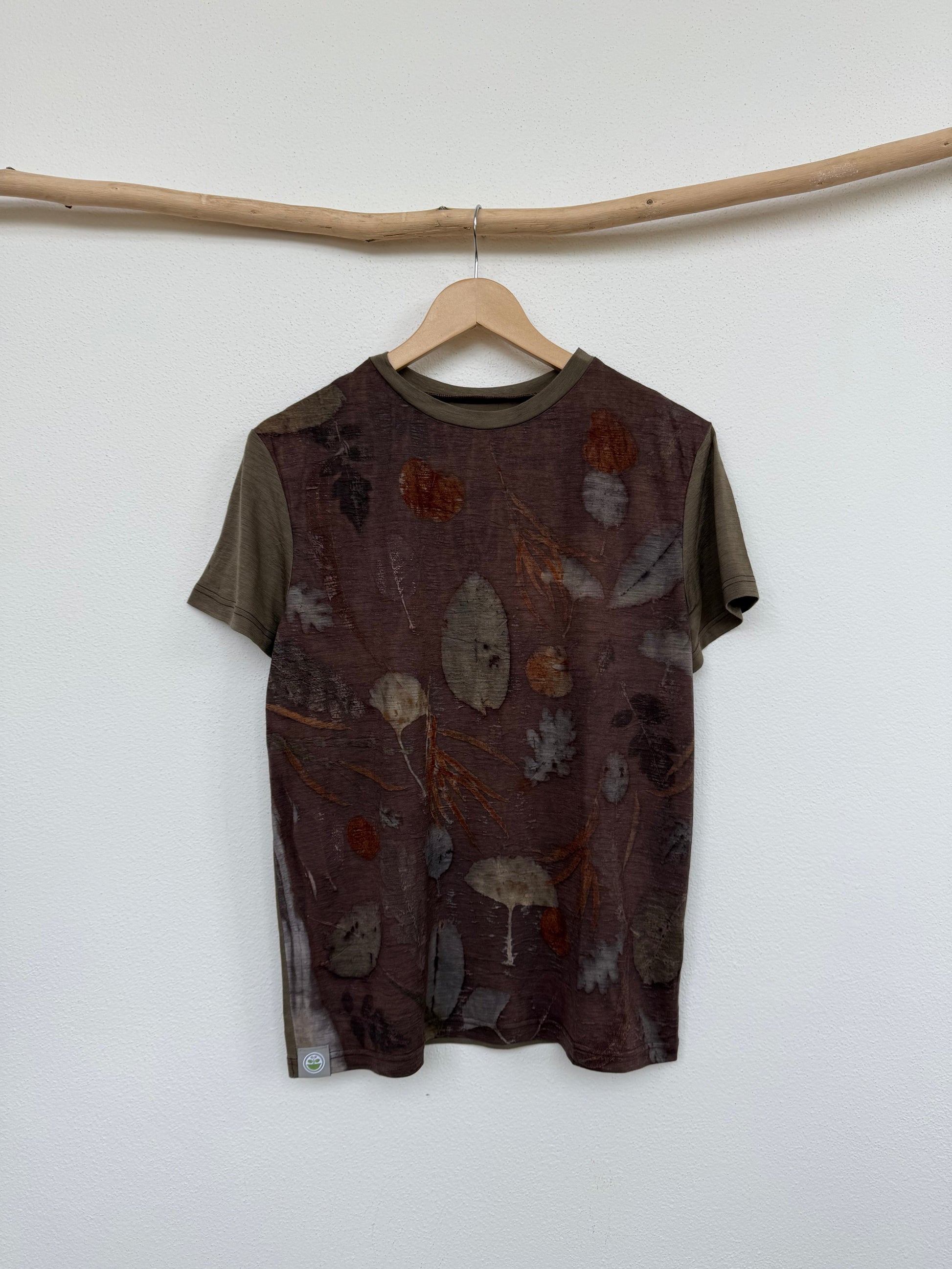 men's merino wool t-shirt naturally dyed with sweet chestnut and eco-printed with plants by DOT 'N'POT