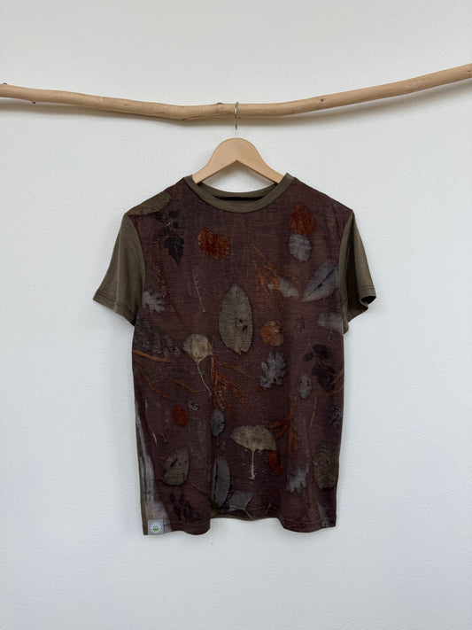 men's merino wool t-shirt naturally dyed with sweet chestnut and eco-printed with plants by DOT 'N'POT