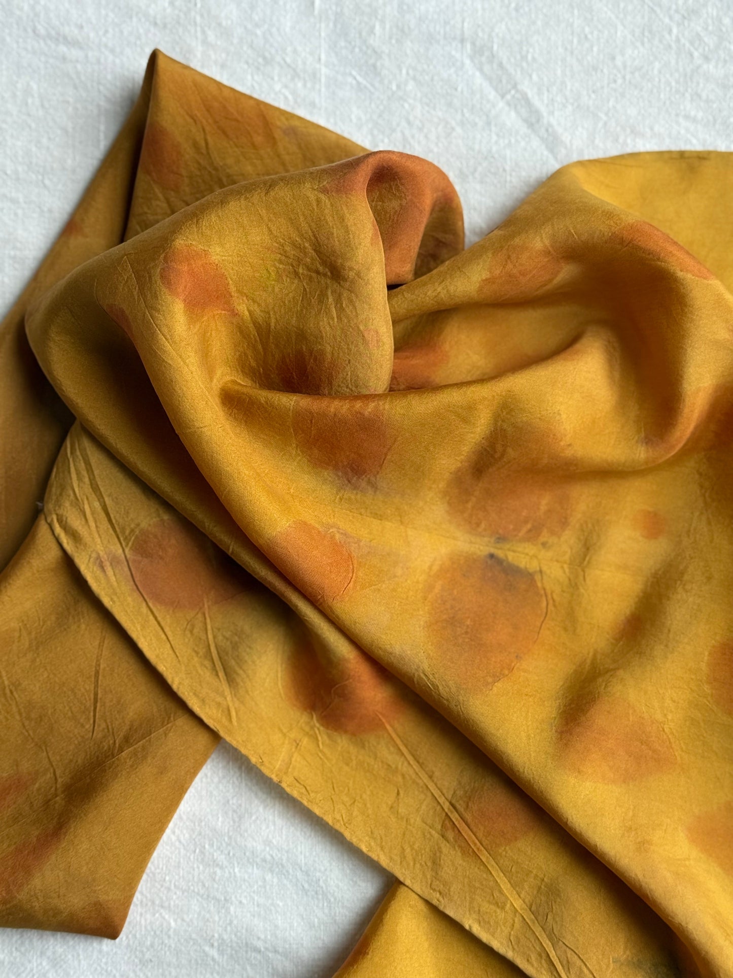 silk scarf naturally dyed with onion skins and eco-printed with eucalyptus leaves by DOT 'N' POT