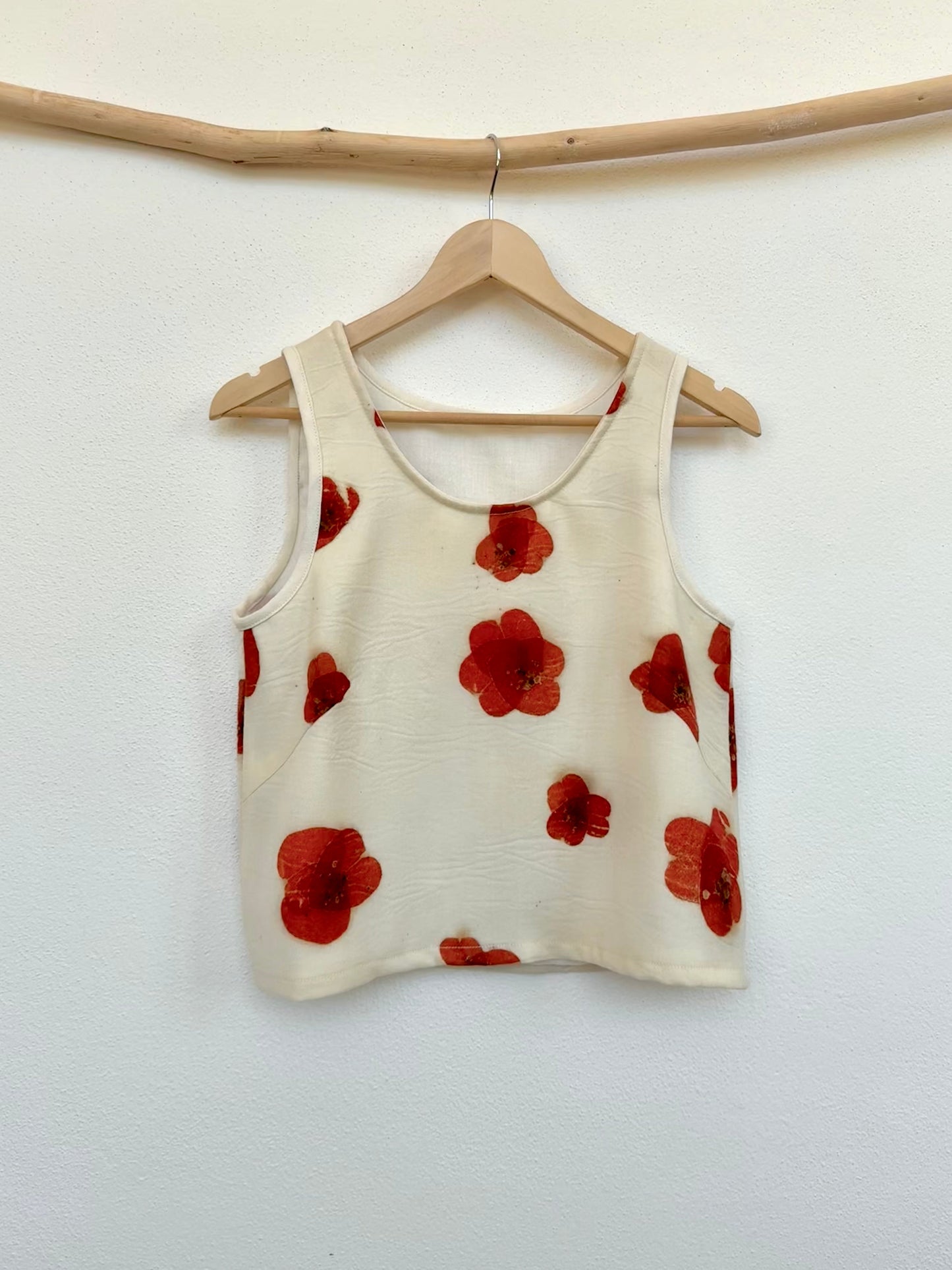 Beige tank top with red floral, eco-printed poppy pattern made with eucalyptus leaves by DOT 'N' POT