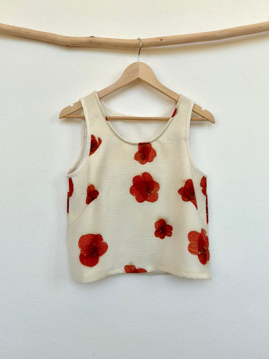 Beige tank top with red floral, eco-printed poppy pattern made with eucalyptus leaves by DOT 'N' POT