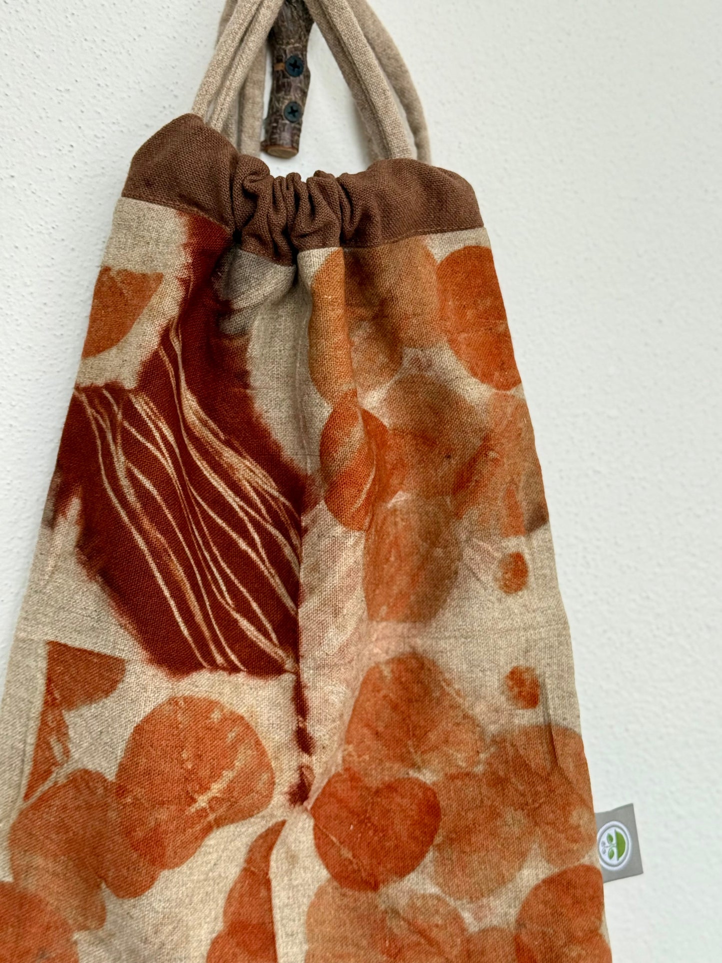 Drawstring bag eco-printed and naturally dyed with logo by DOT 'N' POT