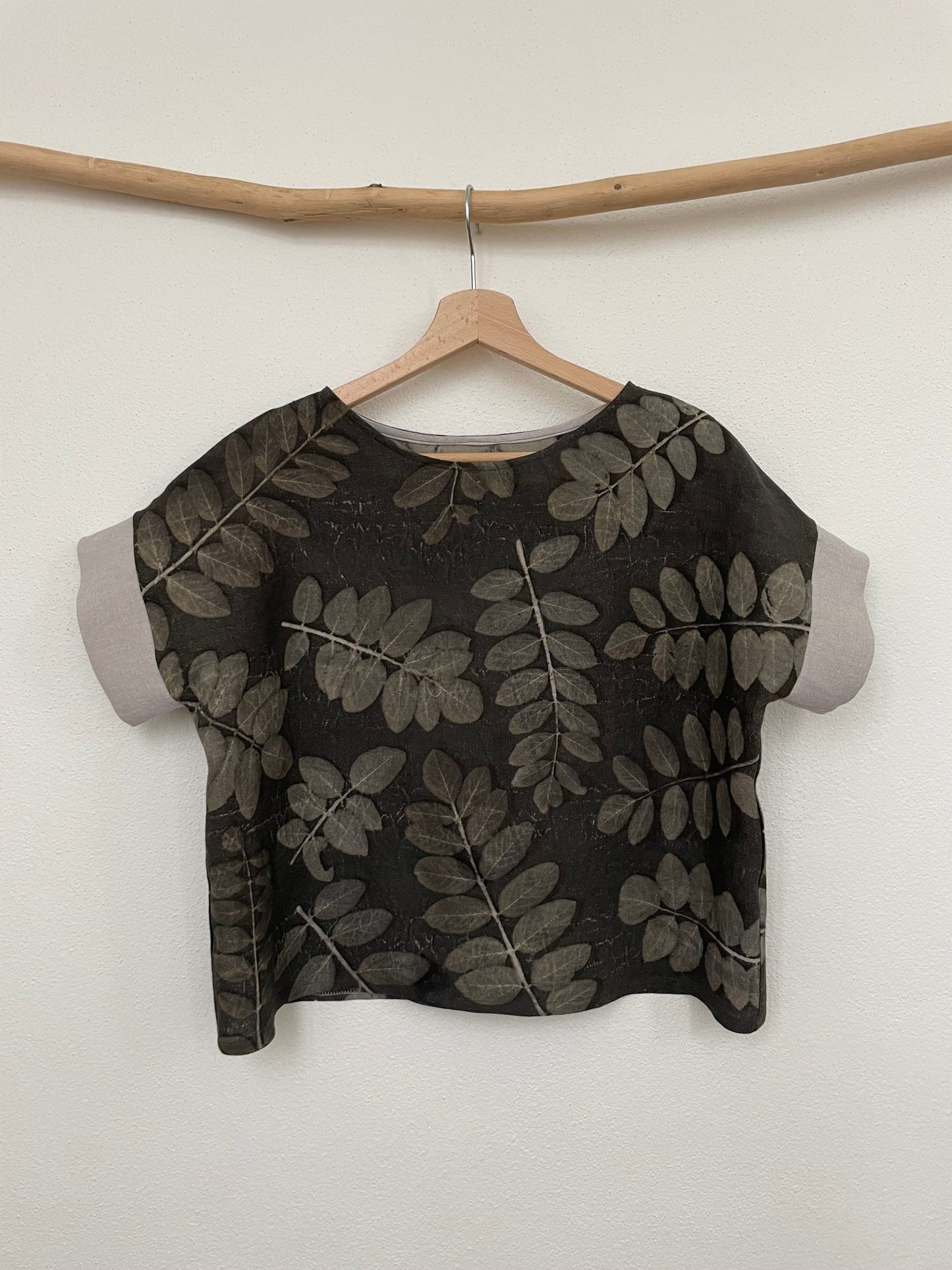 linen boxy top with eco-printed robinia leaves and naturally gray dyed background by DOT 'N' POT