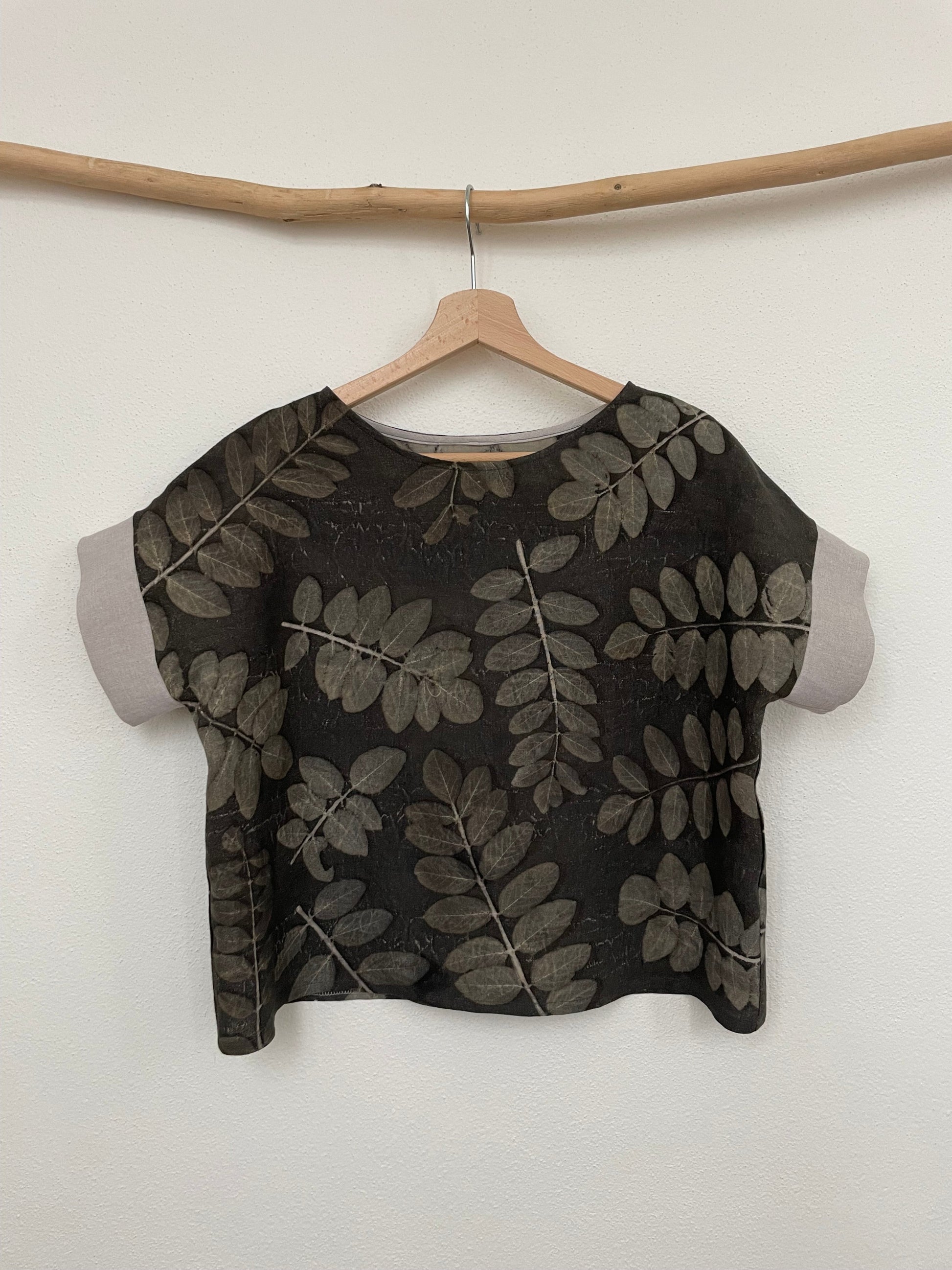 linen boxy top with eco-printed robinia leaves and naturally gray dyed background by DOT 'N' POT