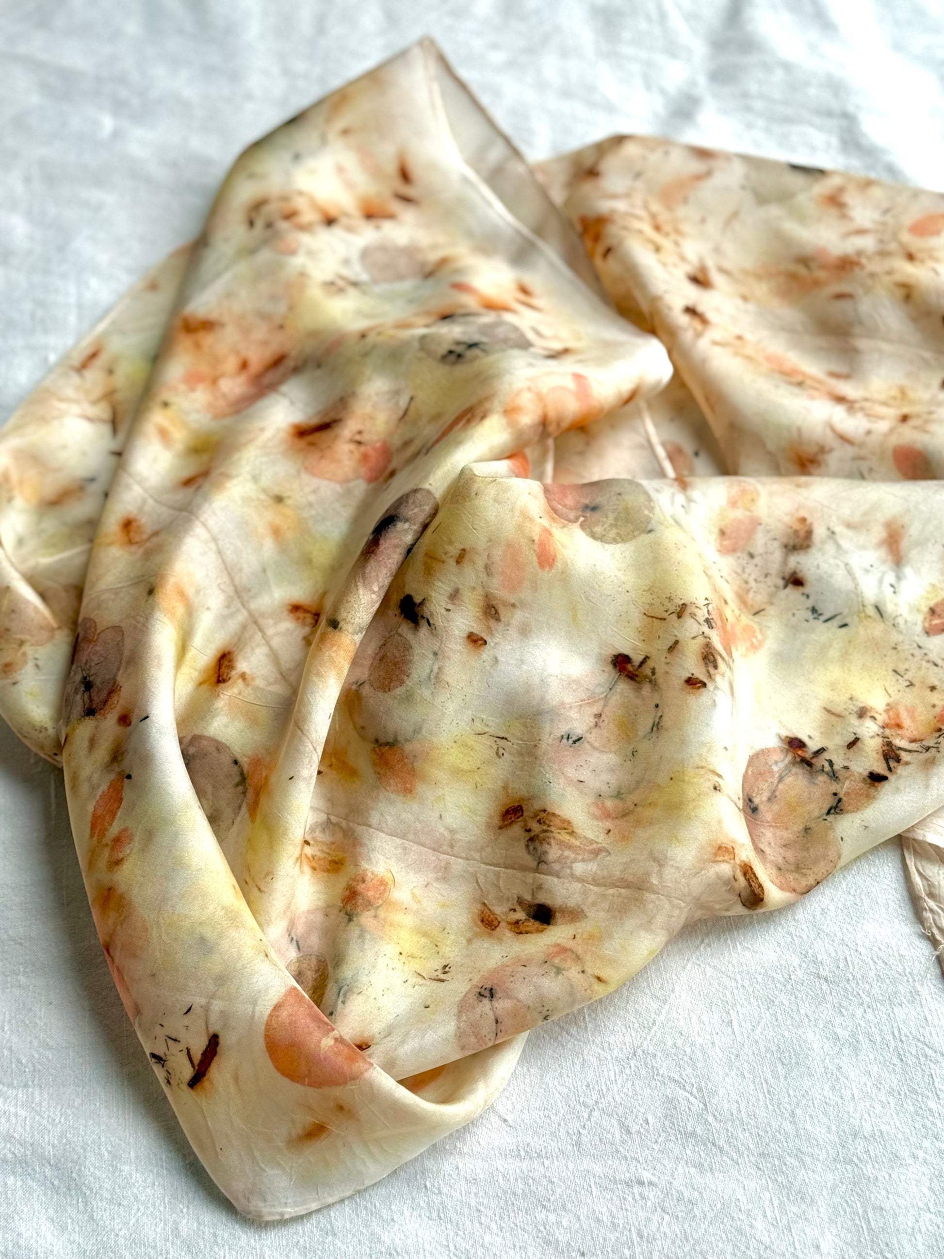 silk scarf with natural eco-print made with eucalyptus, logwood and safflover 